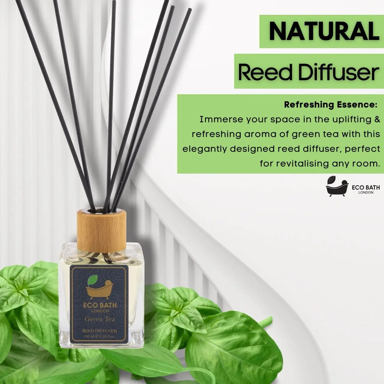 Green Tea Reed Diffuser - Refreshing Room Fragrance with Notes of Bergamot and Green Tea, 100ml (3.38 Fl.Oz) - Image 3
