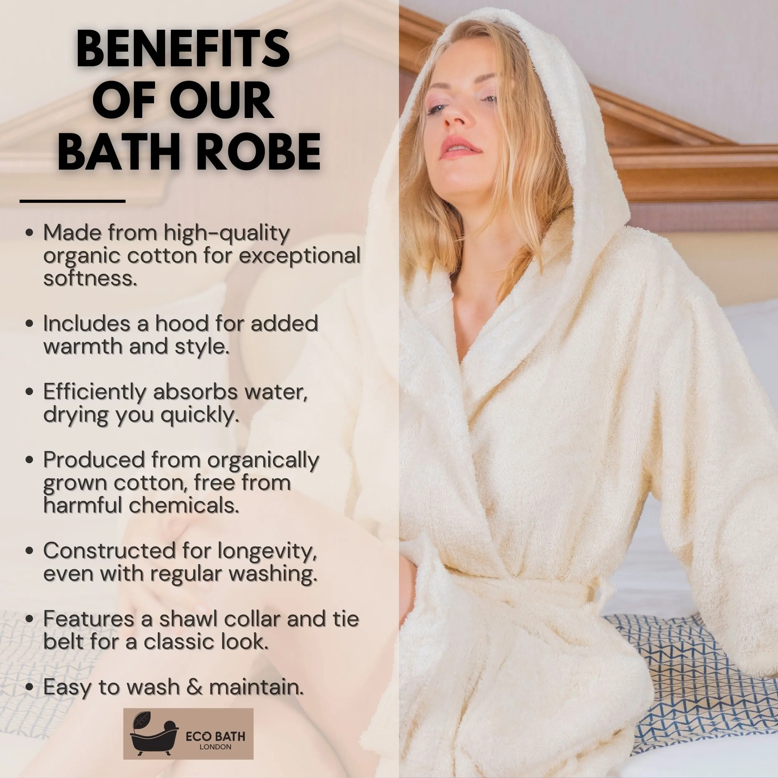 Hooded Organic Cotton Bath Robe - 100% Certified Organic Cotton - Image 3