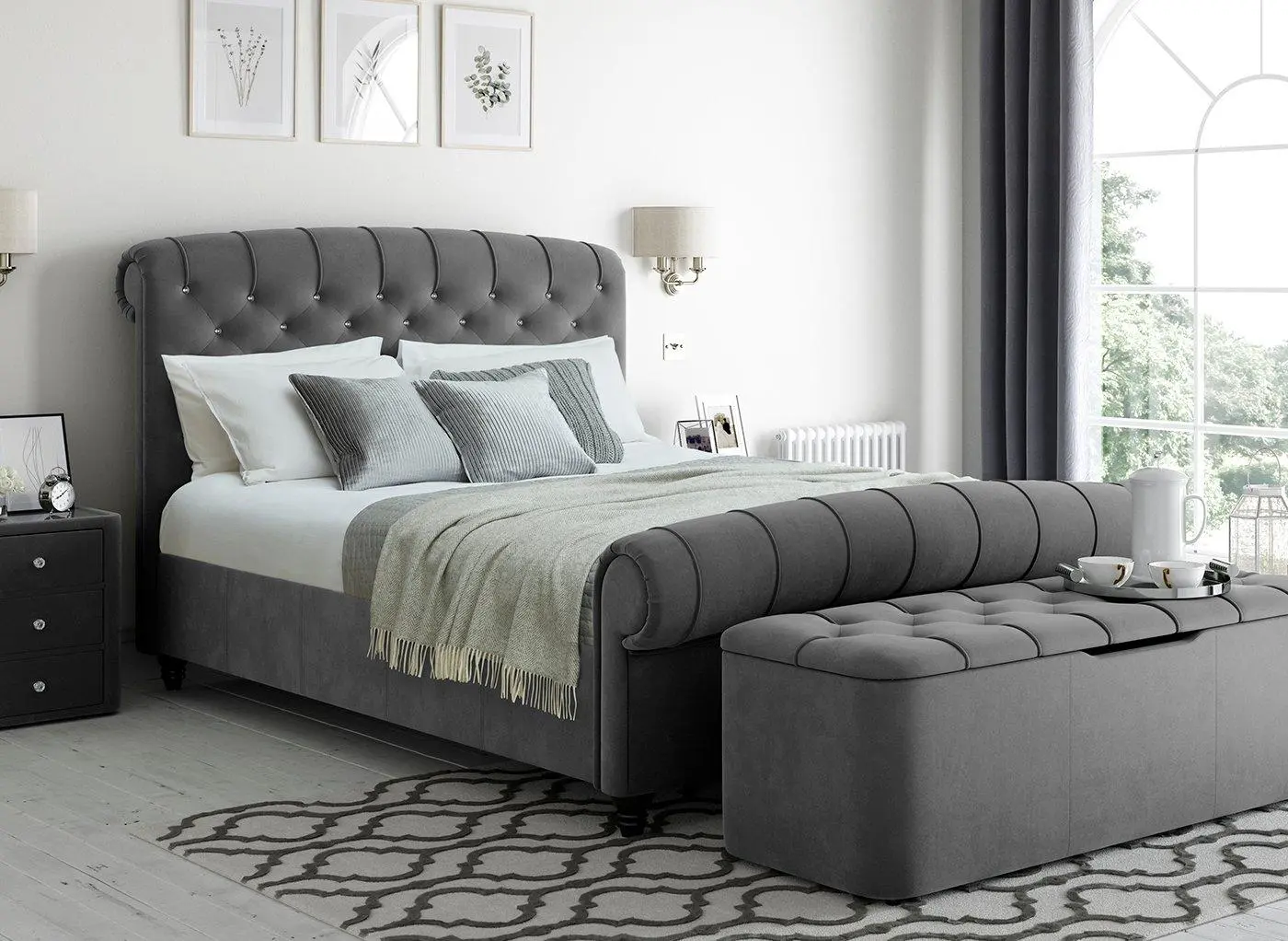 Ellis Velvet Finish Bed Frame - Grey