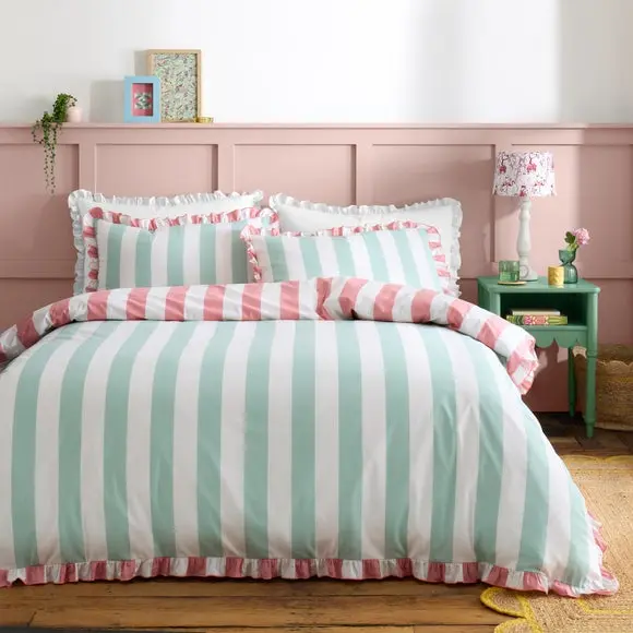 Aqua (Blue) Emmy Frilled Stripe 100% Cotton Duvet Cover and Pillowcase Set
