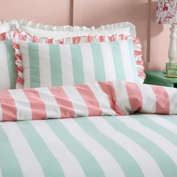 Aqua (Blue) Emmy Frilled Stripe 100% Cotton Duvet Cover and Pillowcase Set - Image 2