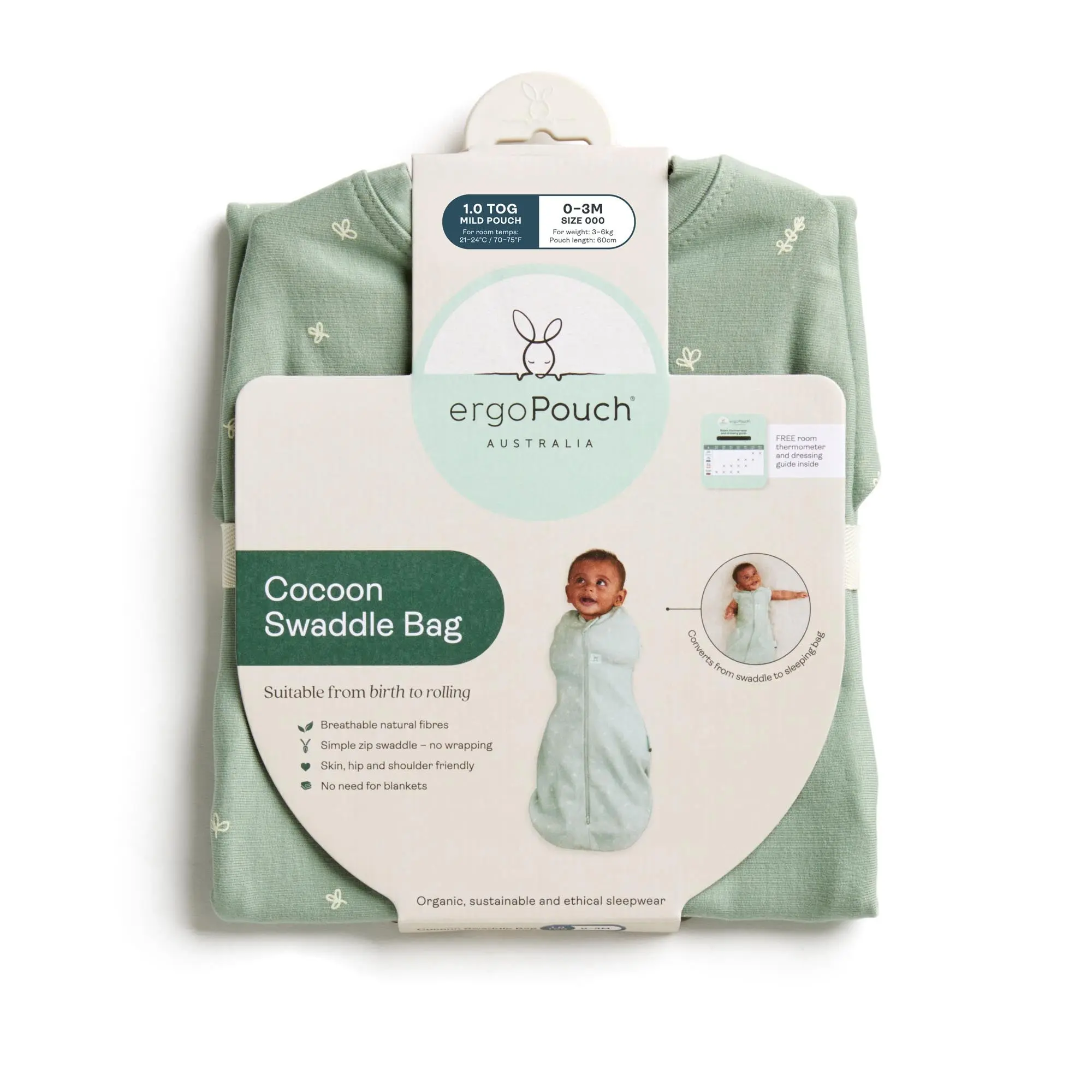 Organic All Year Cocoon Swaddle Sleeping Bag - Sage 1.0 TOG - Image 9