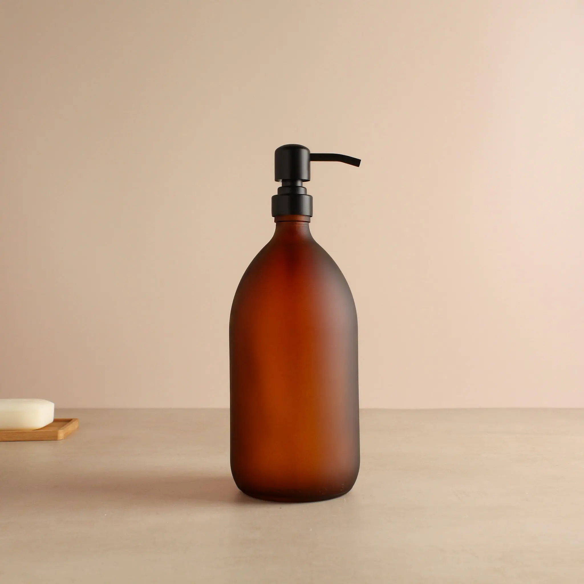 Frosted Amber Glass Dispenser Bottle With Matte Black Pump - Image 3