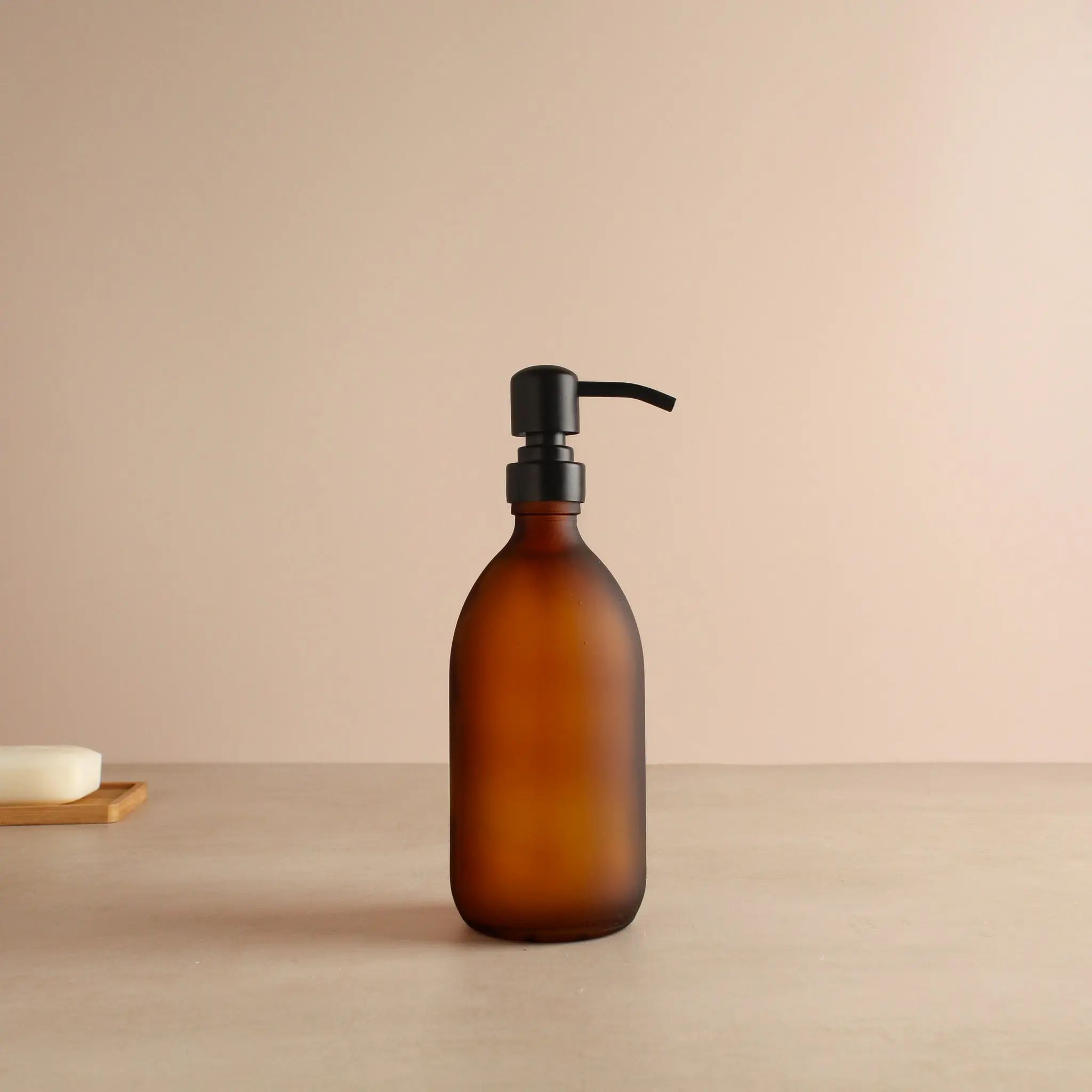 Frosted Amber Glass Dispenser Bottle With Matte Black Pump - Image 4