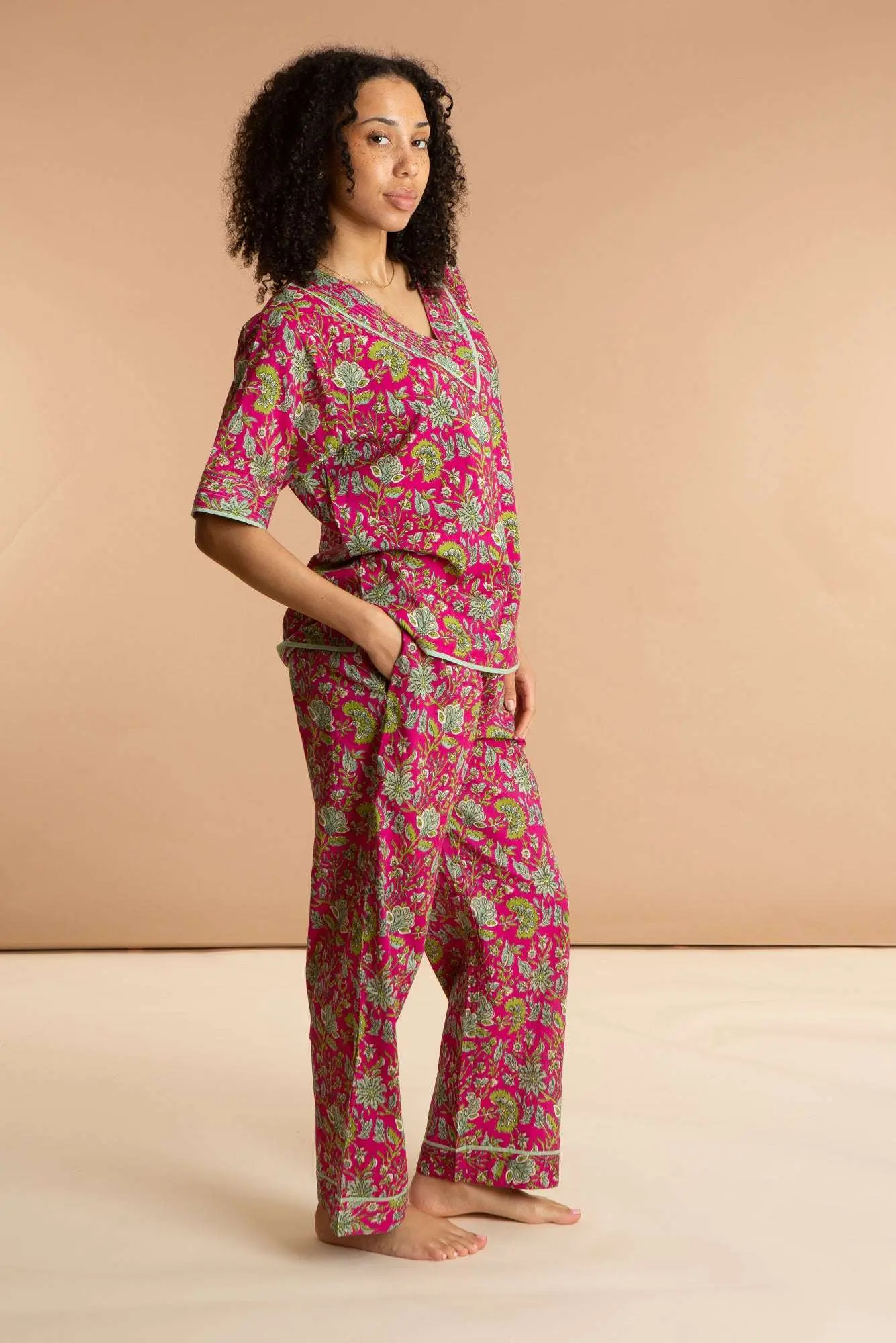 Fuchsia Freesia Women's Floral Cotton Pyjama Trouser Set - Image 3