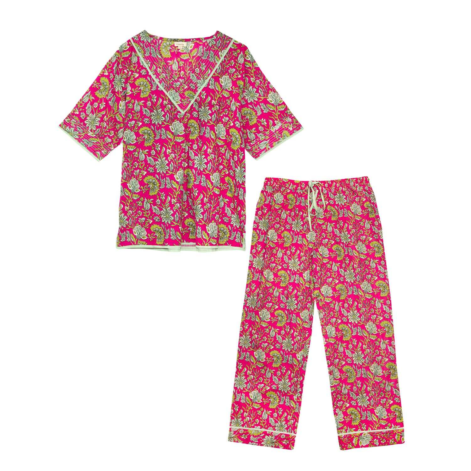 Fuchsia Freesia Women's Floral Cotton Pyjama Trouser Set - Image 4