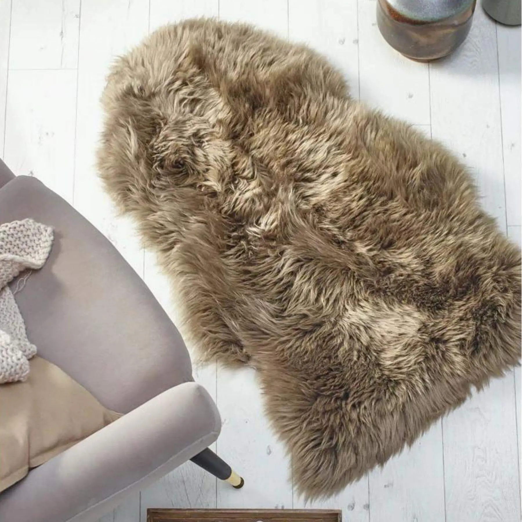 Genuine Khaki/Taupe Sheepskin Faux Fur Rug - Image 2