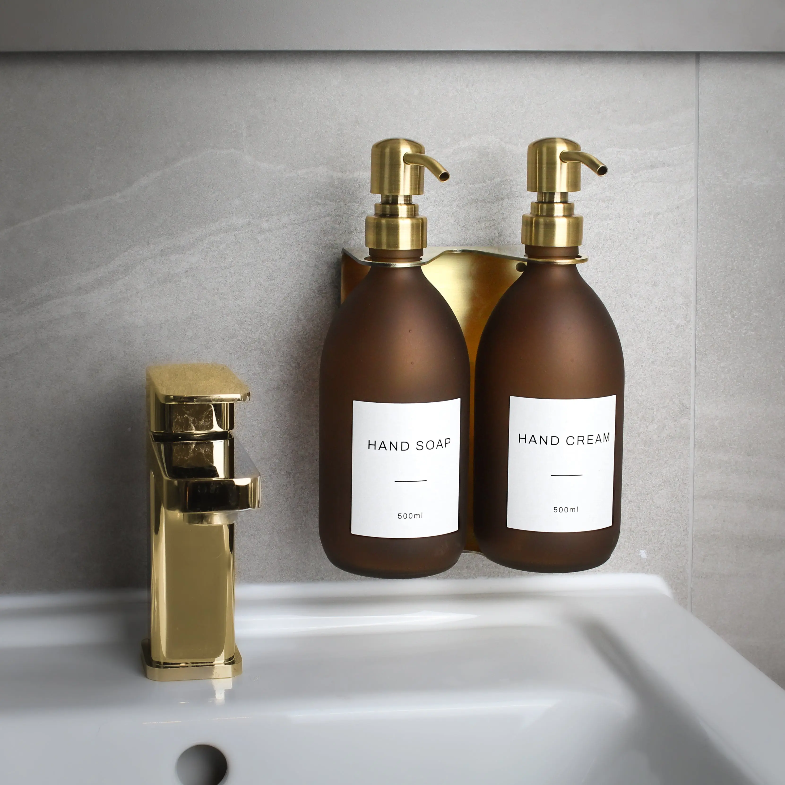 Gold Wall Bracket & Frosted Amber Glass Dispenser Set - Image 2