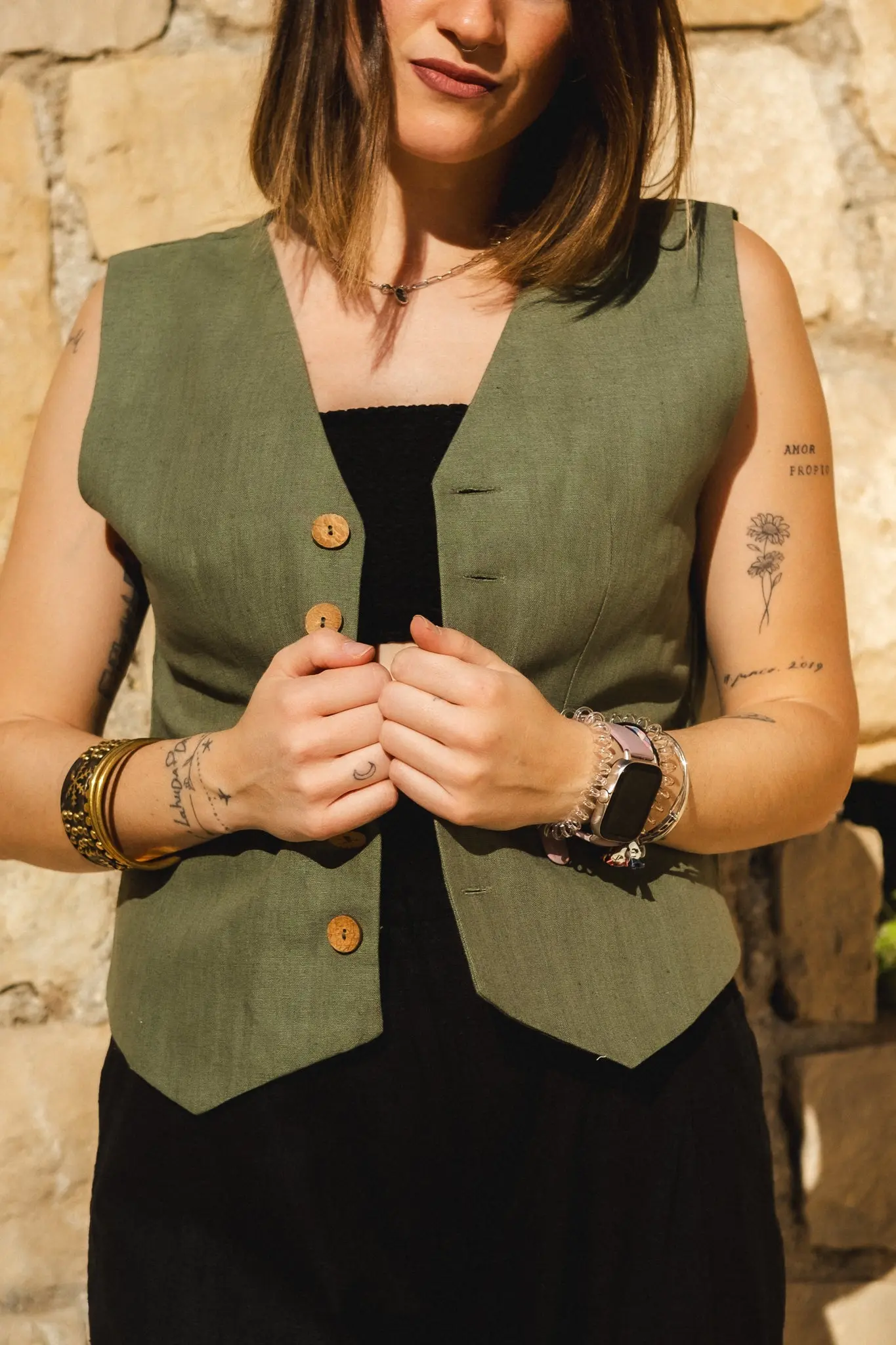 Green Cotton Linen Waistcoat