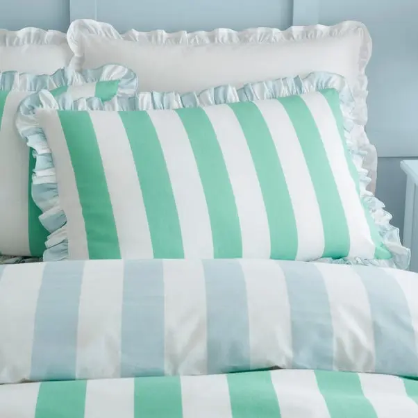 Green Emmy Frilled Stripe 100% Cotton Duvet Cover and Pillowcase Set