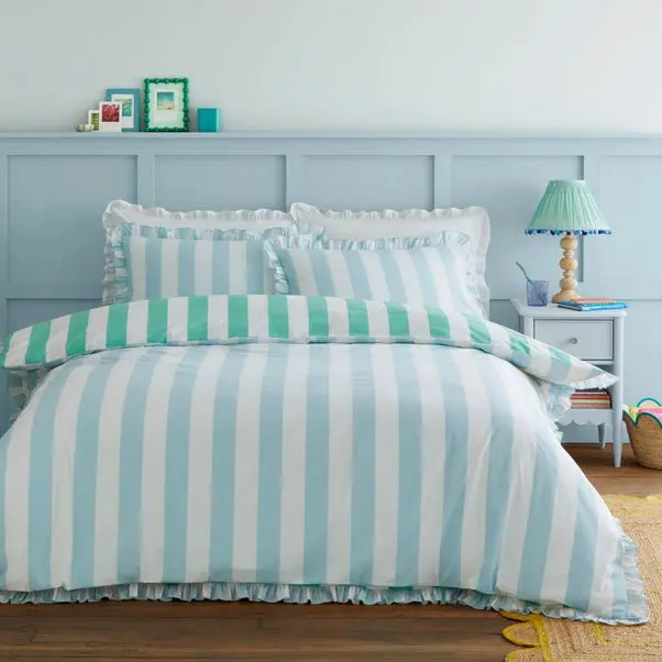 Green Emmy Frilled Stripe 100% Cotton Duvet Cover and Pillowcase Set - Image 2