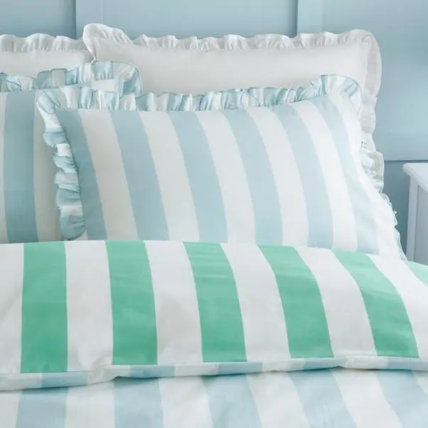 Green Emmy Frilled Stripe 100% Cotton Duvet Cover and Pillowcase Set - Image 3