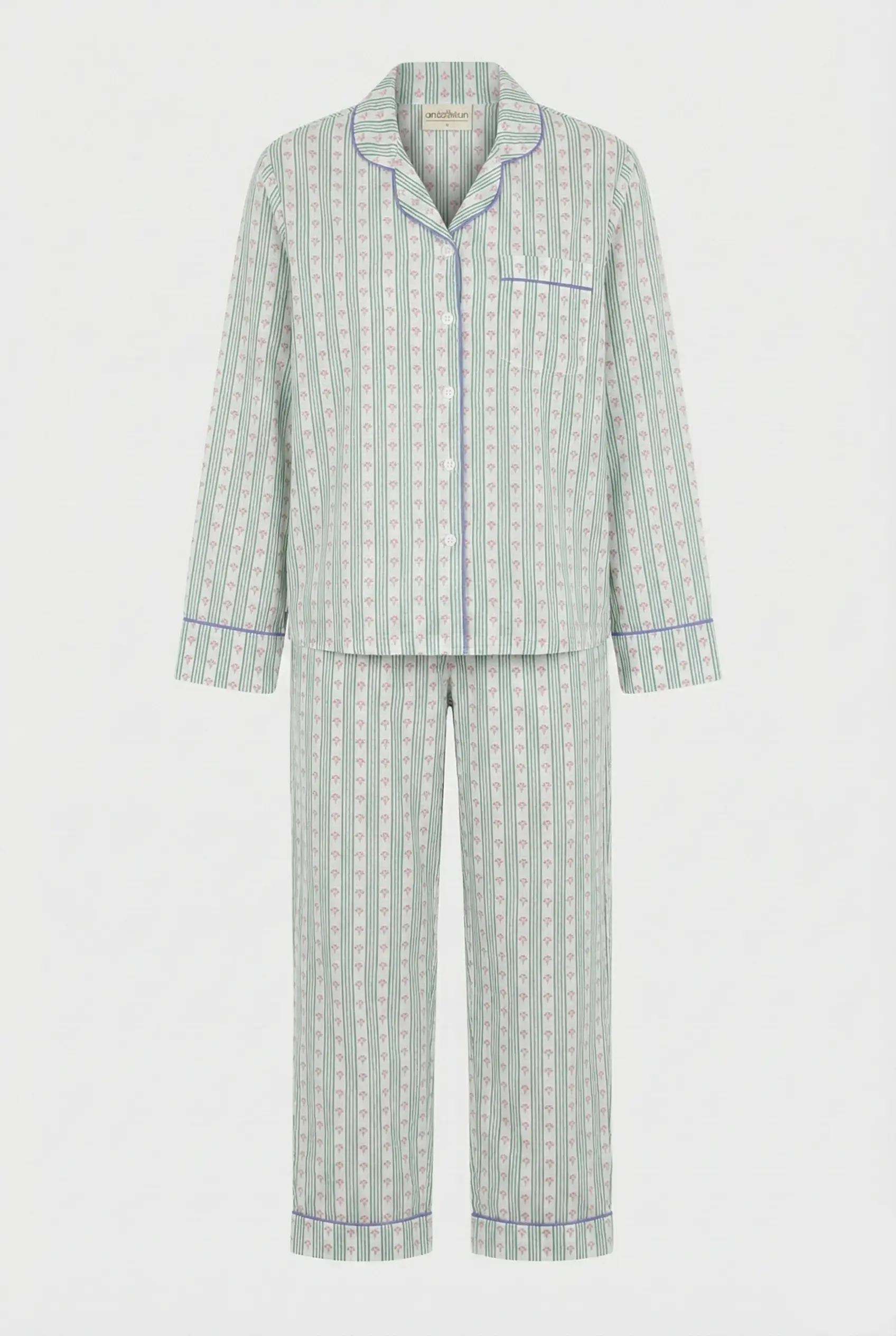 Green Ditsy Stripe Women's Cotton Pyjama Trouser Set