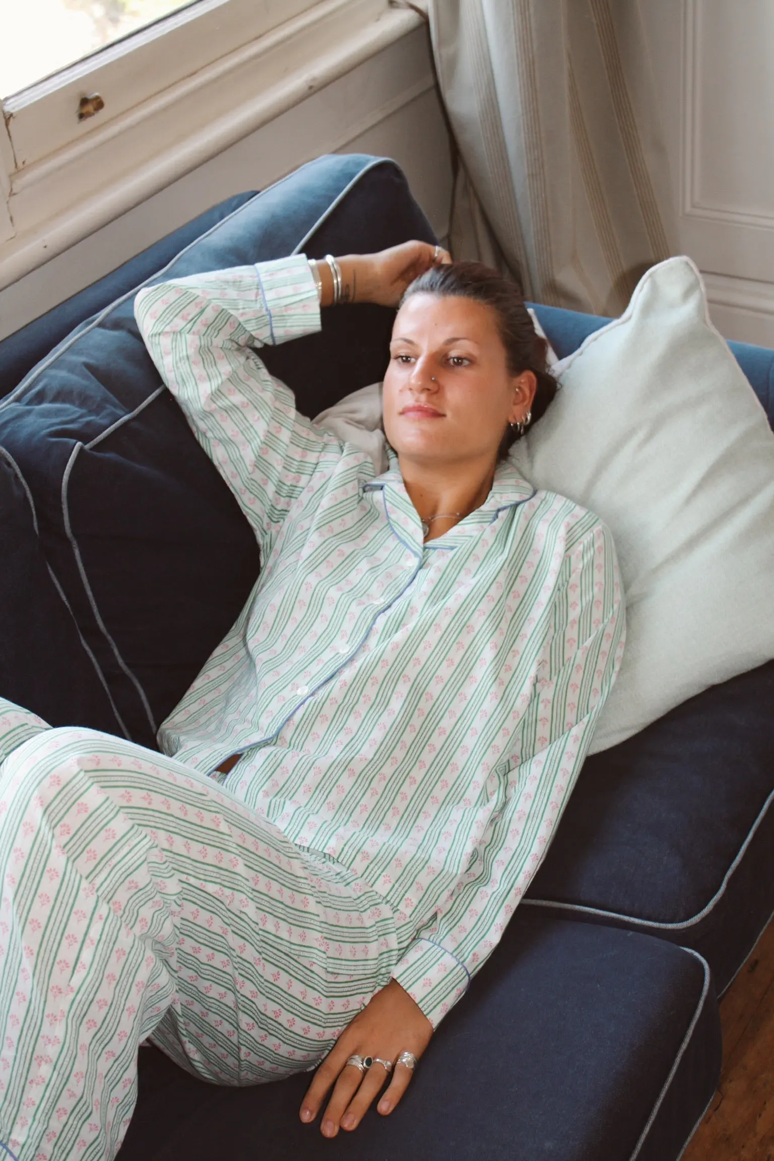 Green Ditsy Stripe Women's Cotton Pyjama Trouser Set - Image 11