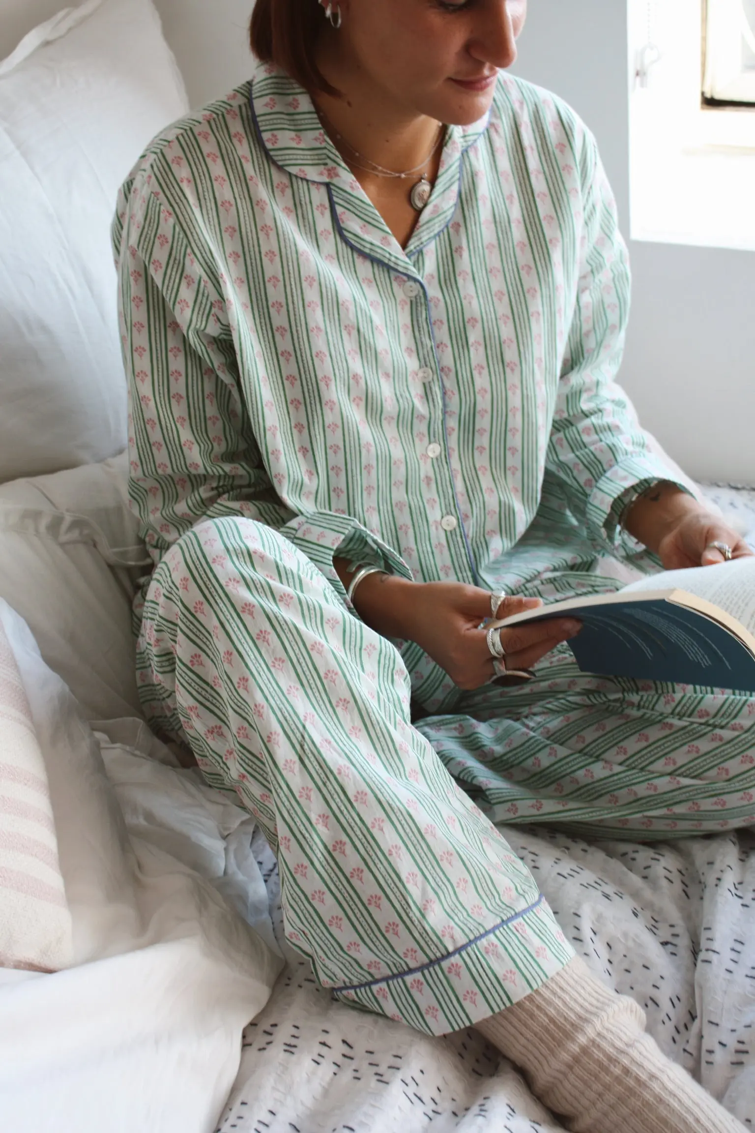 Green Ditsy Stripe Women's Cotton Pyjama Trouser Set - Image 2