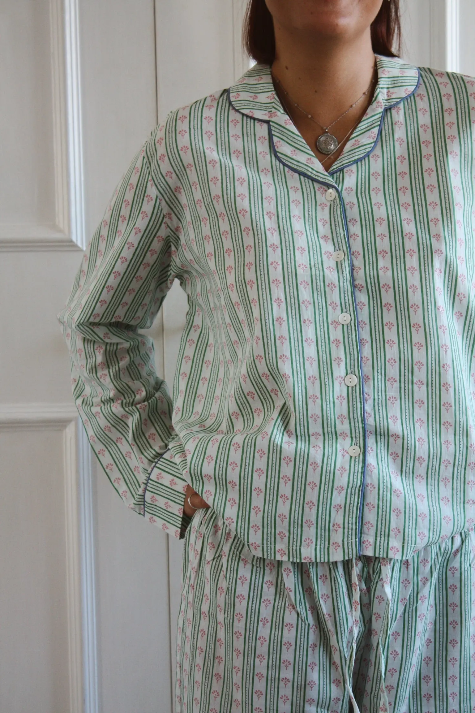 Green Ditsy Stripe Women's Cotton Pyjama Trouser Set - Image 3