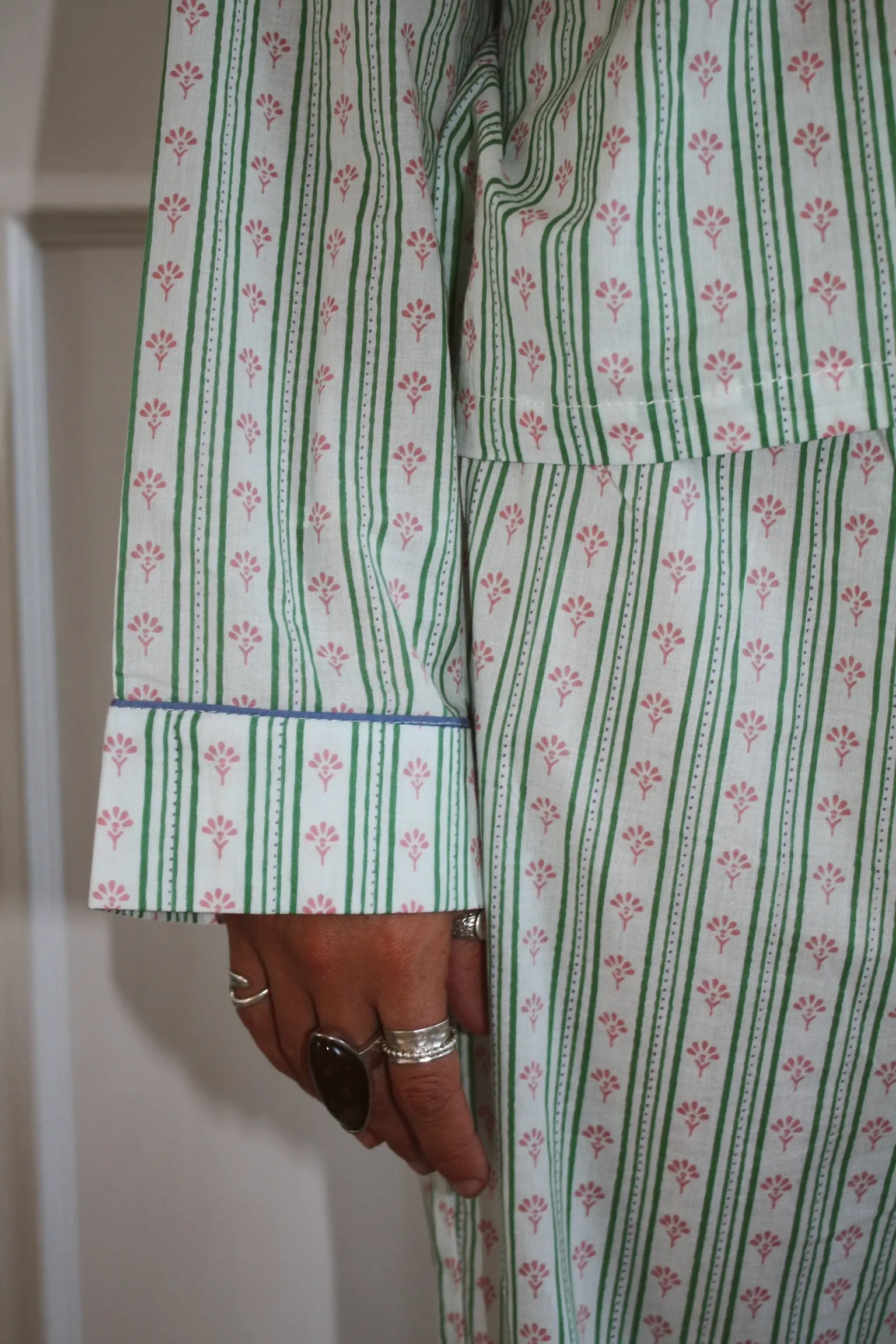 Green Ditsy Stripe Women's Cotton Pyjama Trouser Set - Image 4