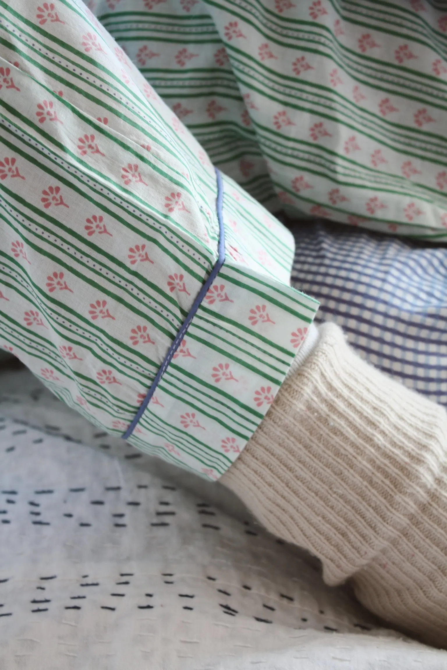 Green Ditsy Stripe Women's Cotton Pyjama Trouser Set - Image 5