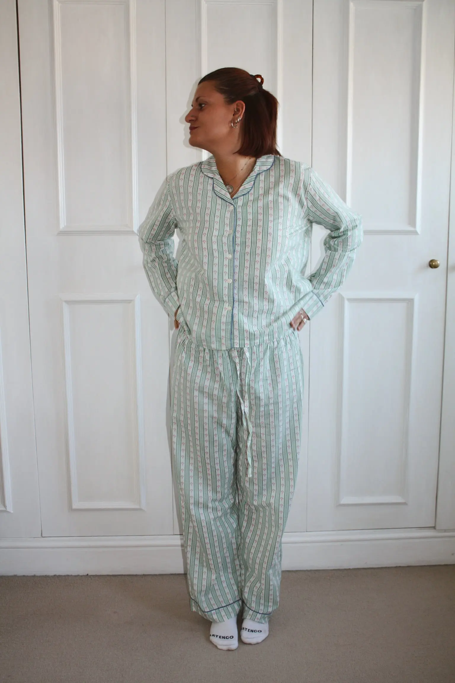 Green Ditsy Stripe Women's Cotton Pyjama Trouser Set - Image 6