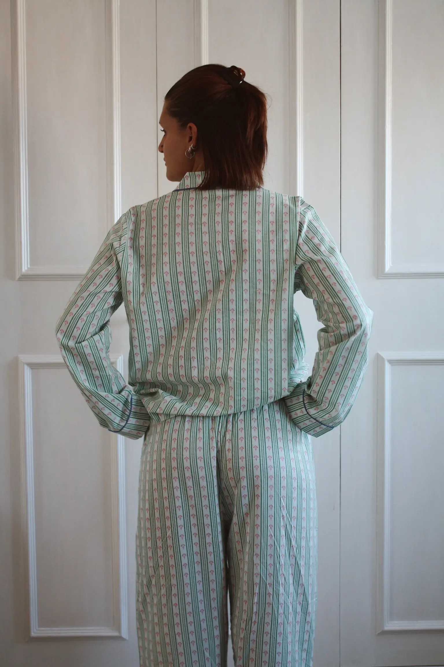 Green Ditsy Stripe Women's Cotton Pyjama Trouser Set - Image 7