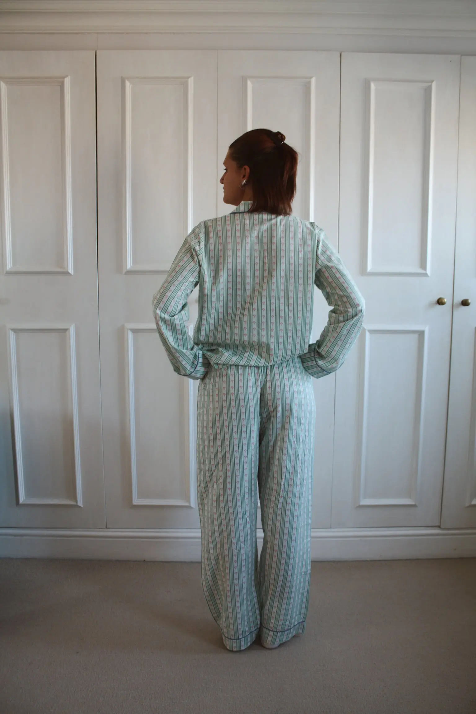 Green Ditsy Stripe Women's Cotton Pyjama Trouser Set - Image 8