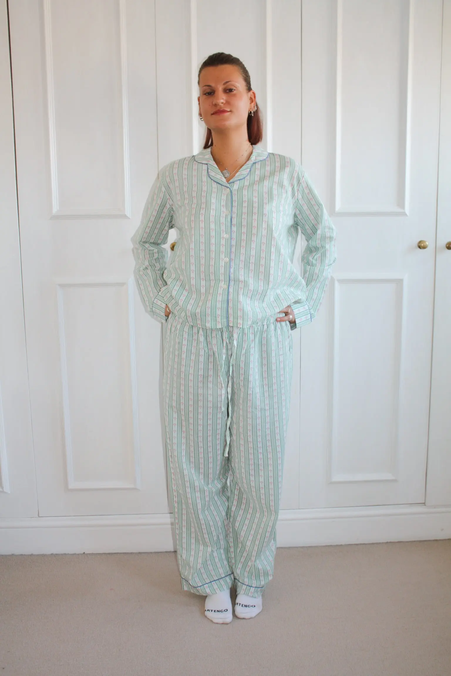 Green Ditsy Stripe Women's Cotton Pyjama Trouser Set - Image 9