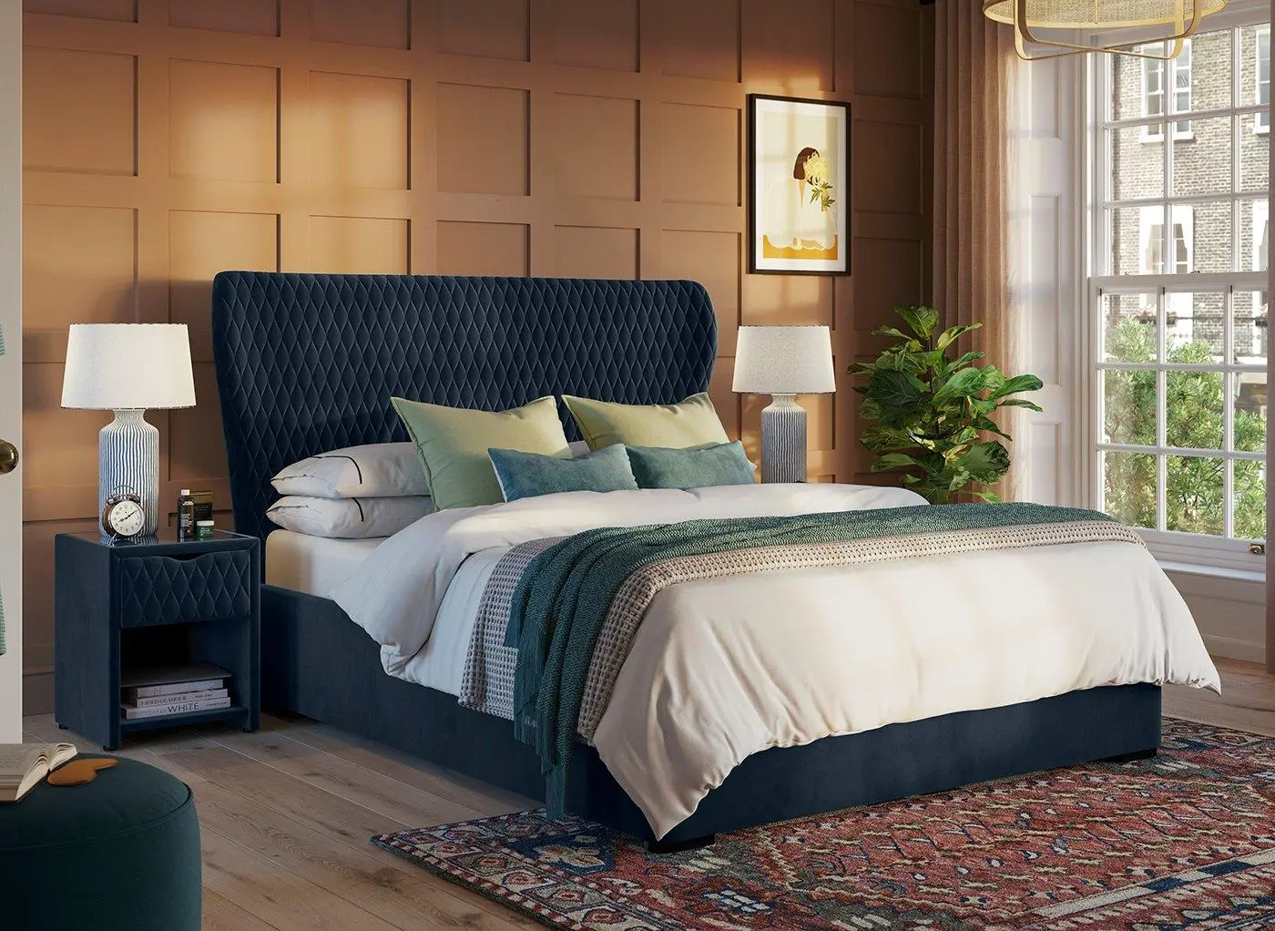 Grove Velvet-Finish Upholstered Ottoman Bed Frame - Blue