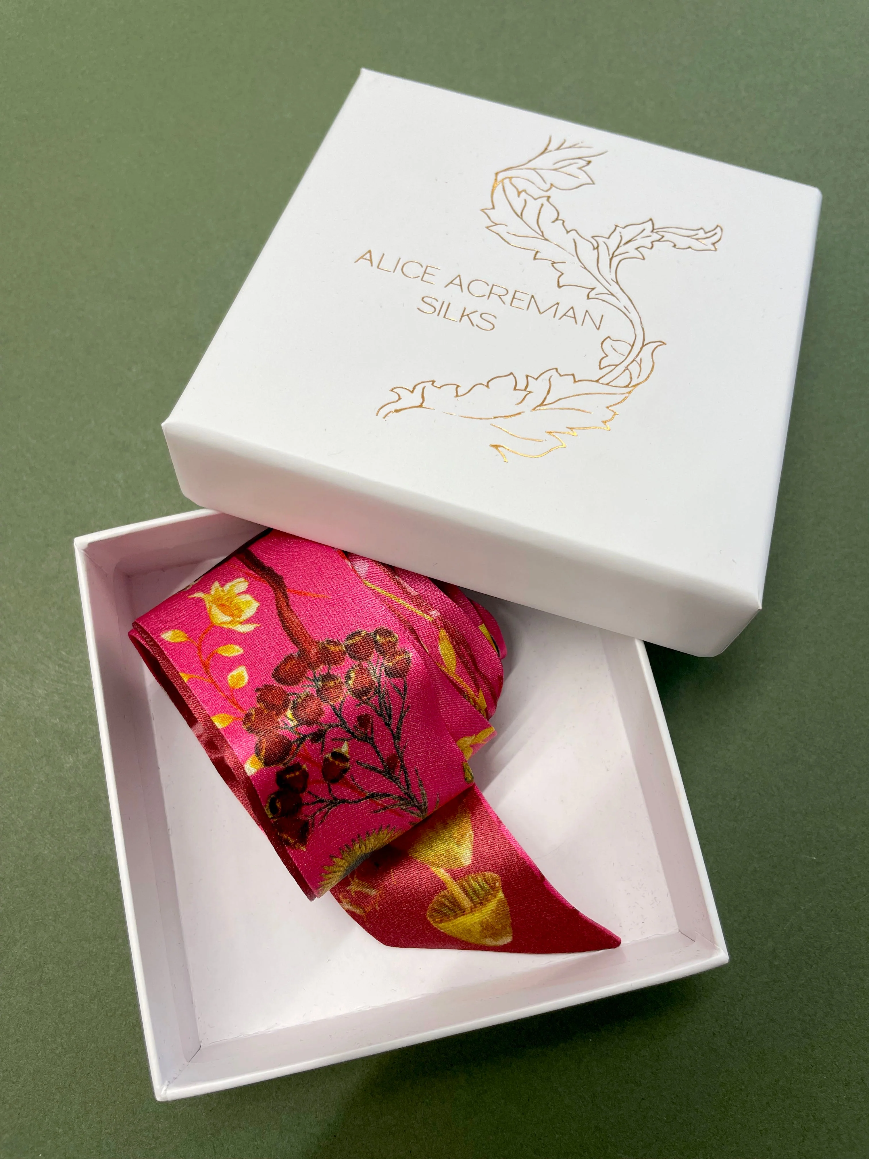 Hot pink Silk satin 'Mirasol' Ultra Skinny silk scarf with sunflowers - Image 3