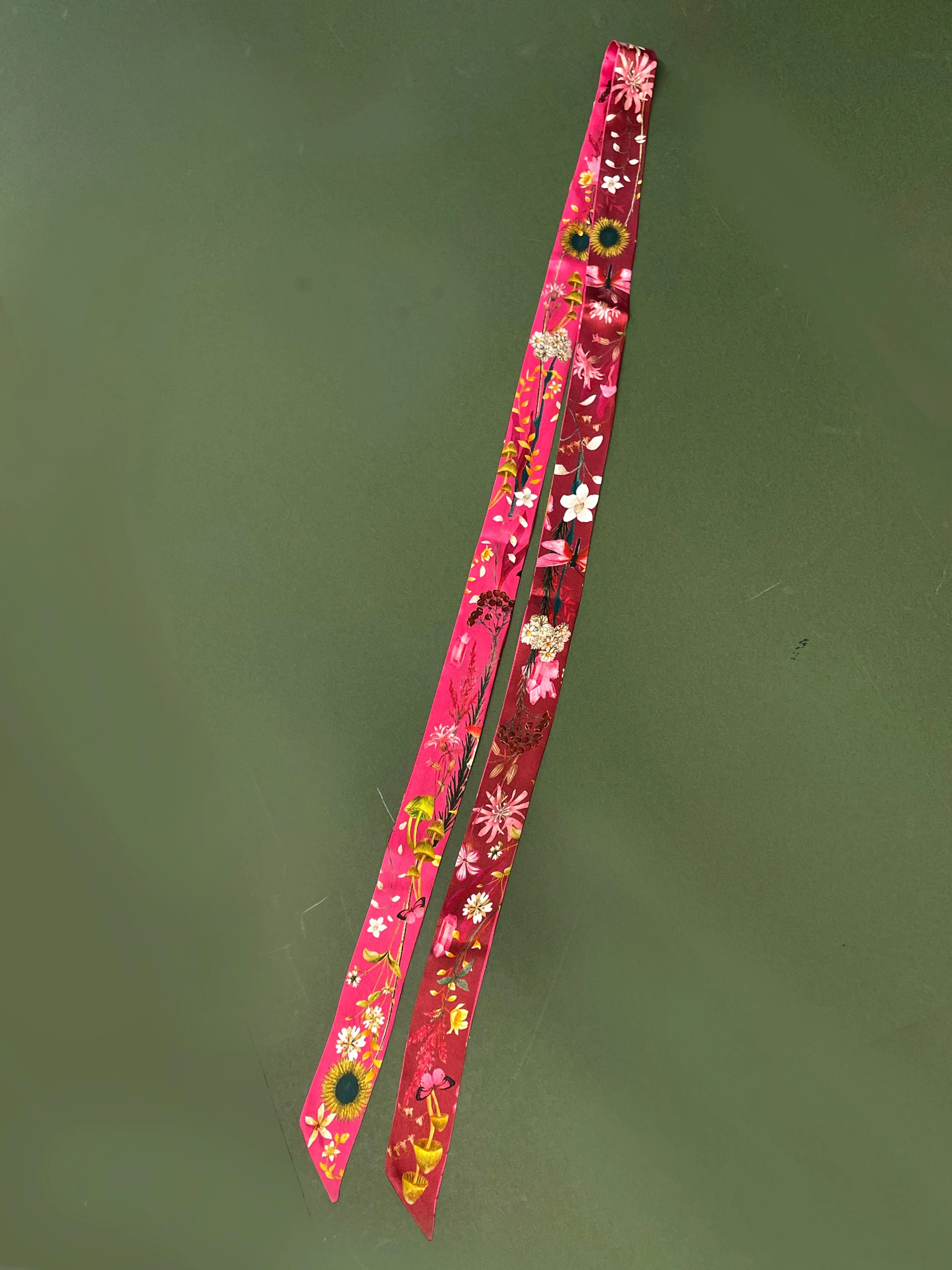 Hot pink Silk satin 'Mirasol' Ultra Skinny silk scarf with sunflowers - Image 5