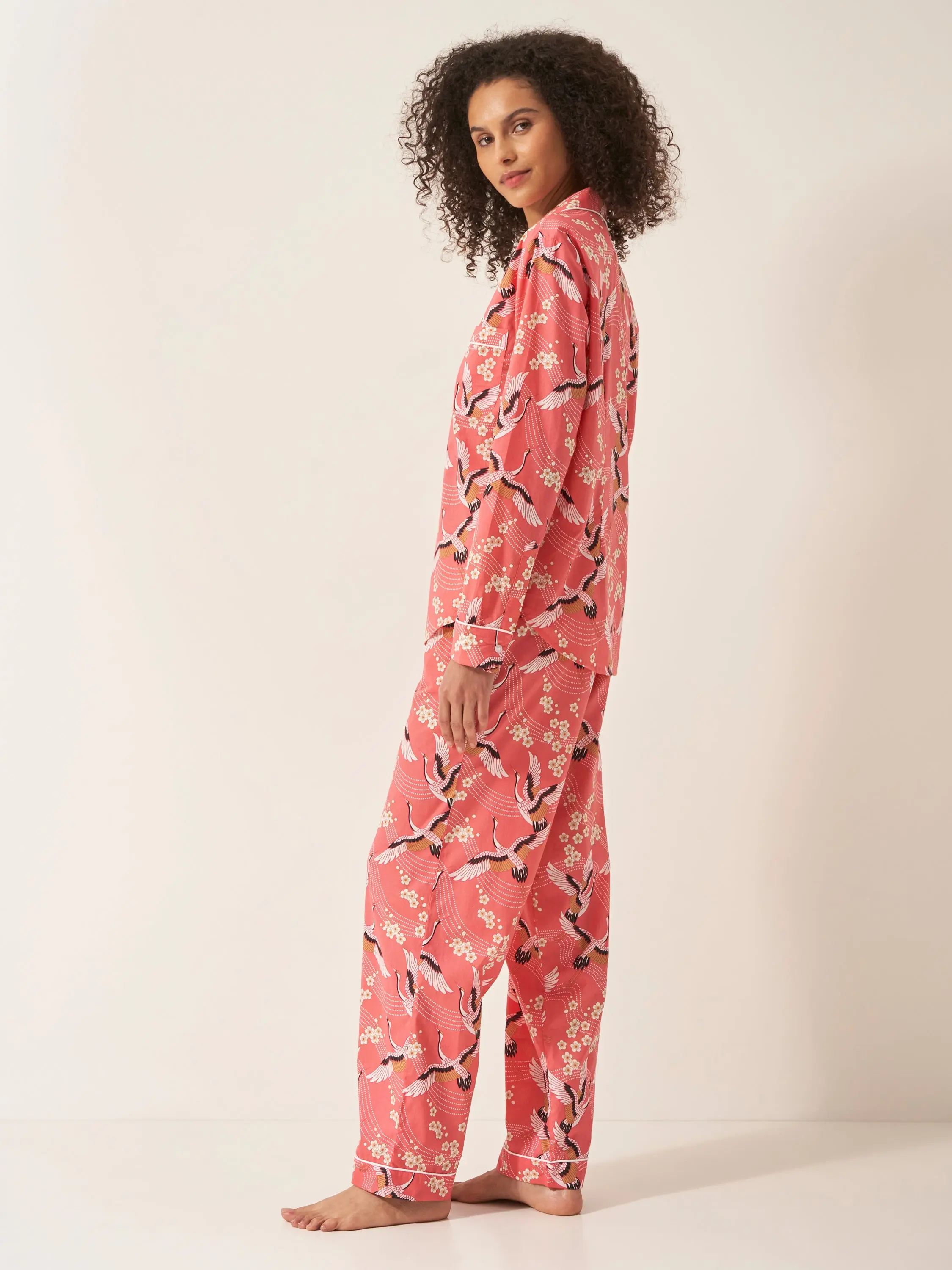 Japanese Crane on Coral Women's Long Sleeve Organic Cotton Pyjama Trouser Set - Image 3