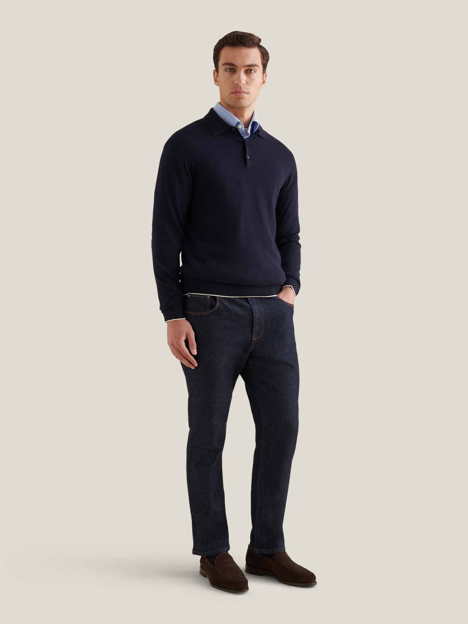 Jersey Knit Long Sleeve Polo Shirt in Dark Sapphire Navy - Image 2