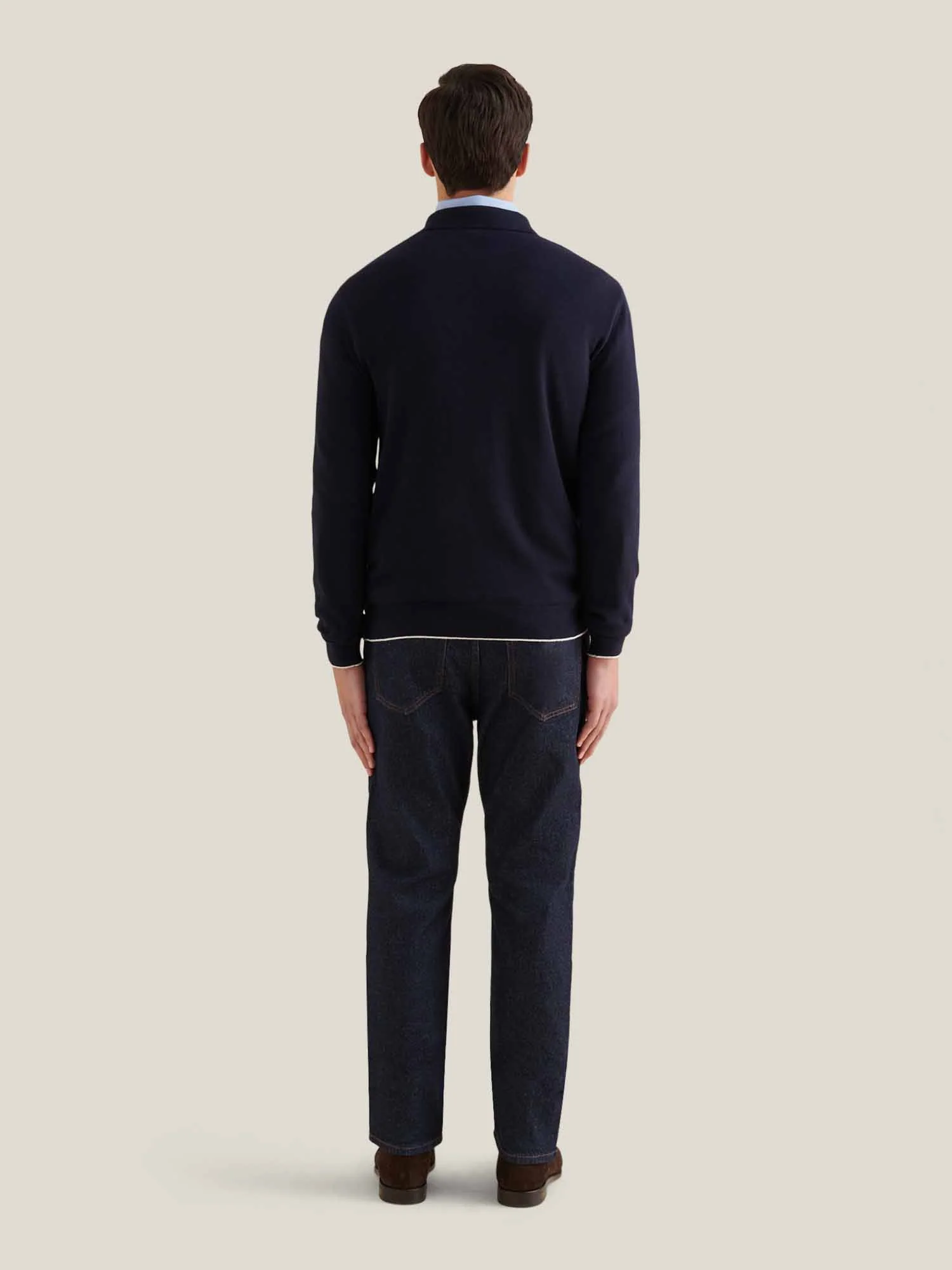 Jersey Knit Long Sleeve Polo Shirt in Dark Sapphire Navy - Image 3