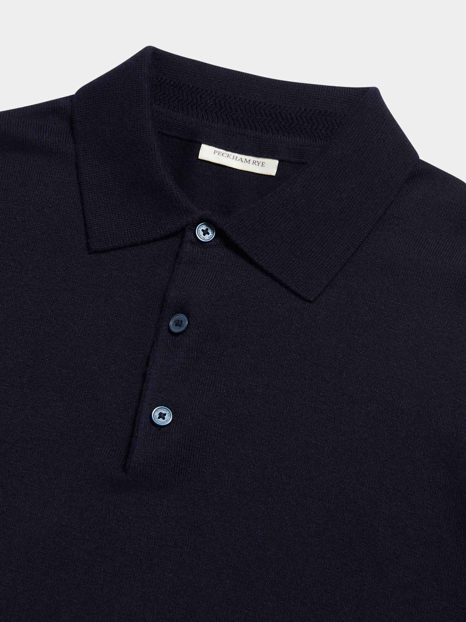 Jersey Knit Long Sleeve Polo Shirt in Dark Sapphire Navy - Image 7