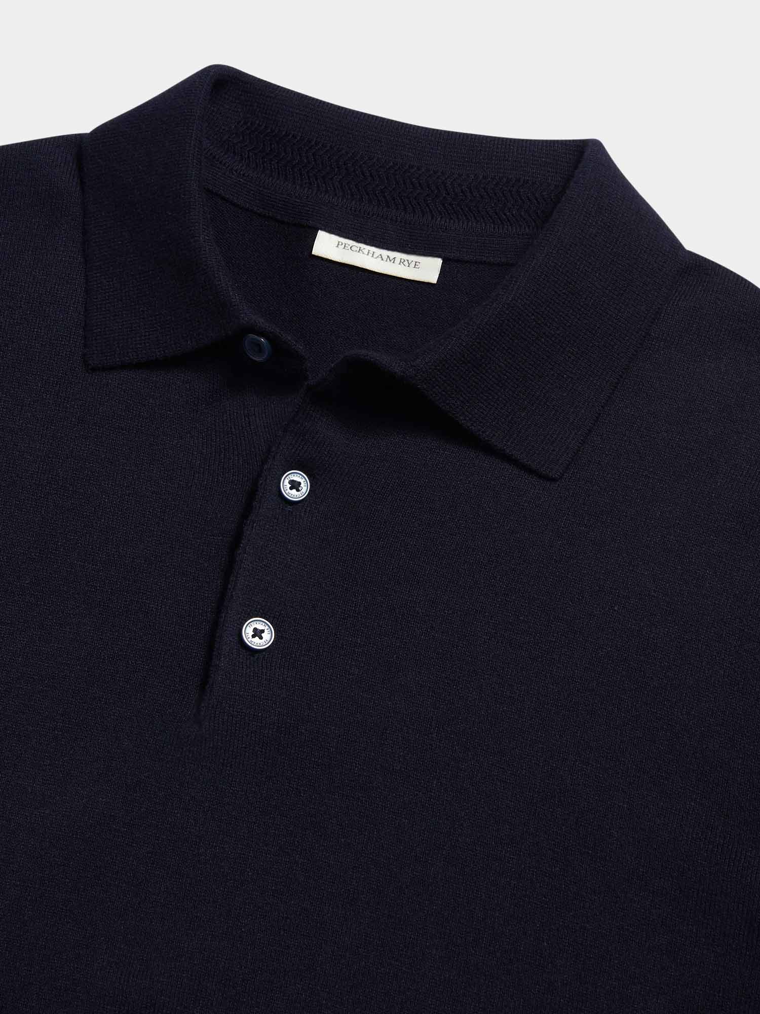 Jersey Knit Long Sleeve Polo Shirt in Dark Sapphire Navy - Image 8
