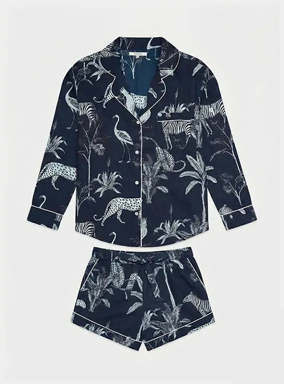 Navy Jungle Women's Long Sleeve Organic Cotton Pyjama Short Set