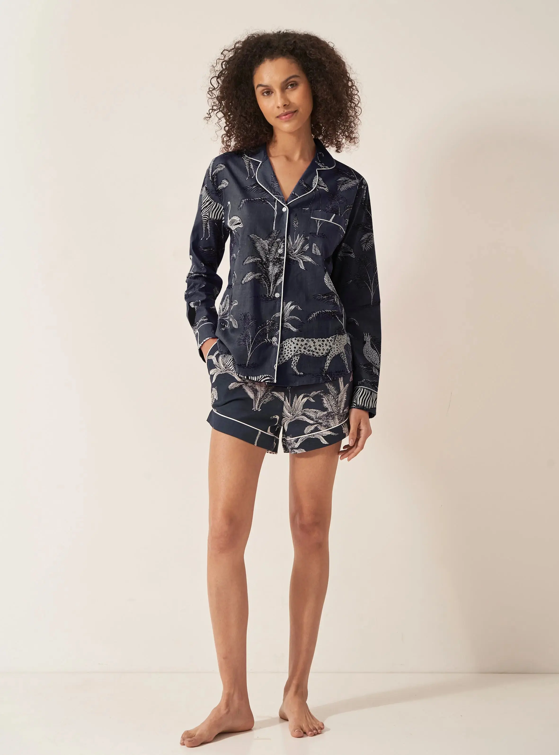 Navy Jungle Women's Long Sleeve Organic Cotton Pyjama Short Set - Image 2