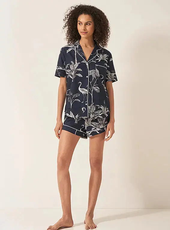 Navy Jungle Women's Short Sleeve Organic Cotton Pyjama Short Set - Image 2