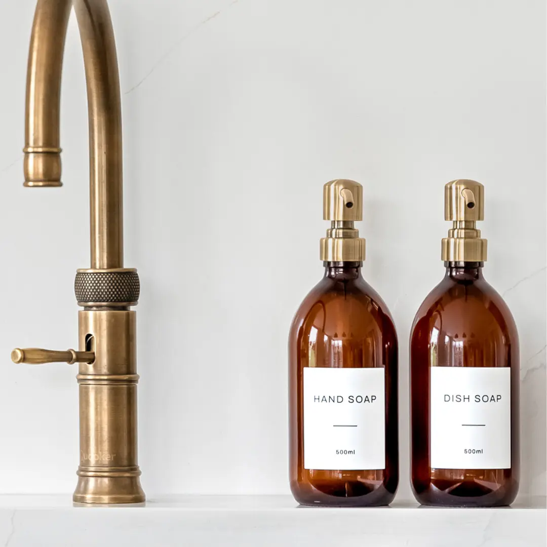 Labelled Amber Glass Dispenser Bottle With Gold Pump - Image 2