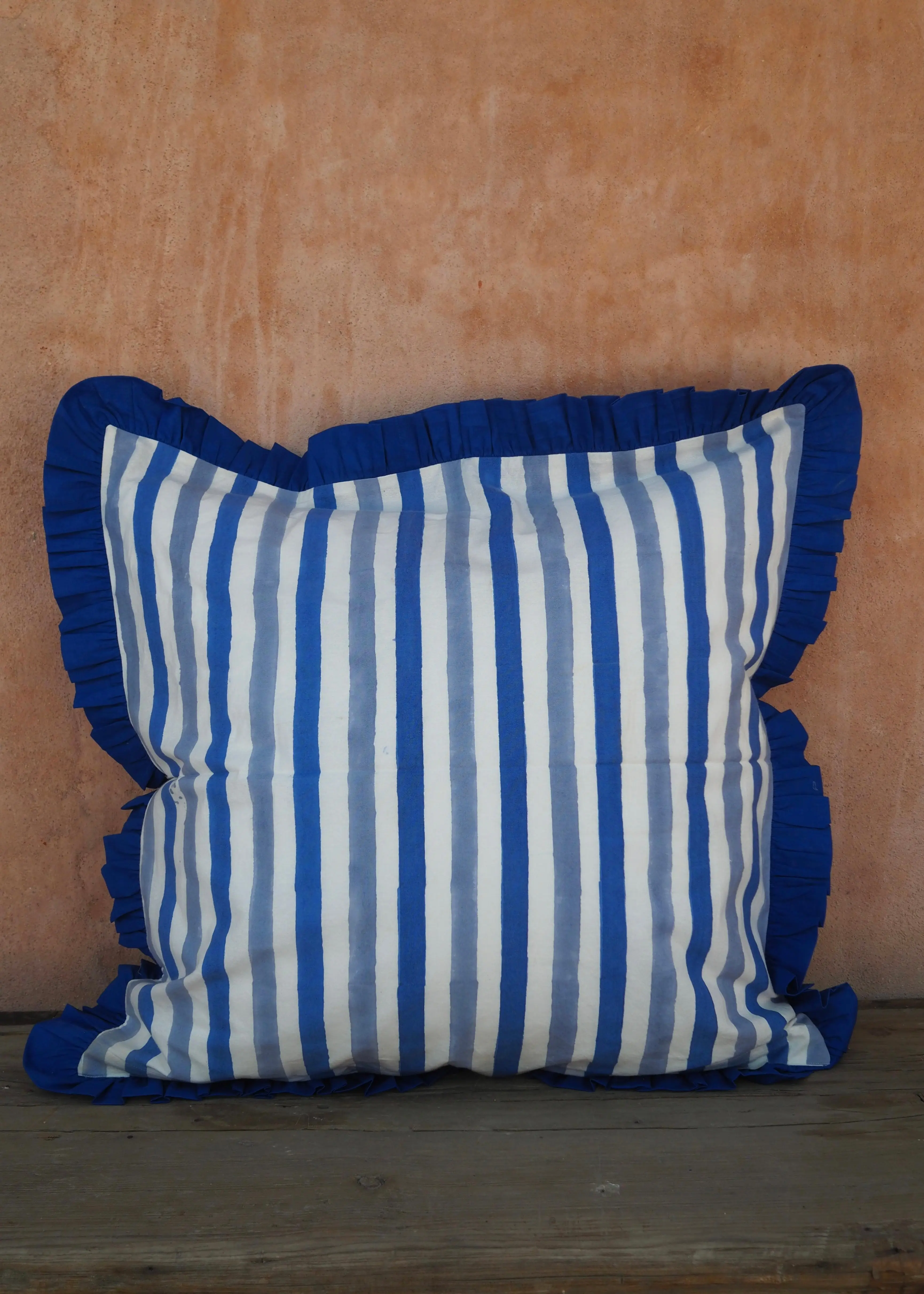 Large Blue Floral Stripe Reversible Cushion Cover - Image 3