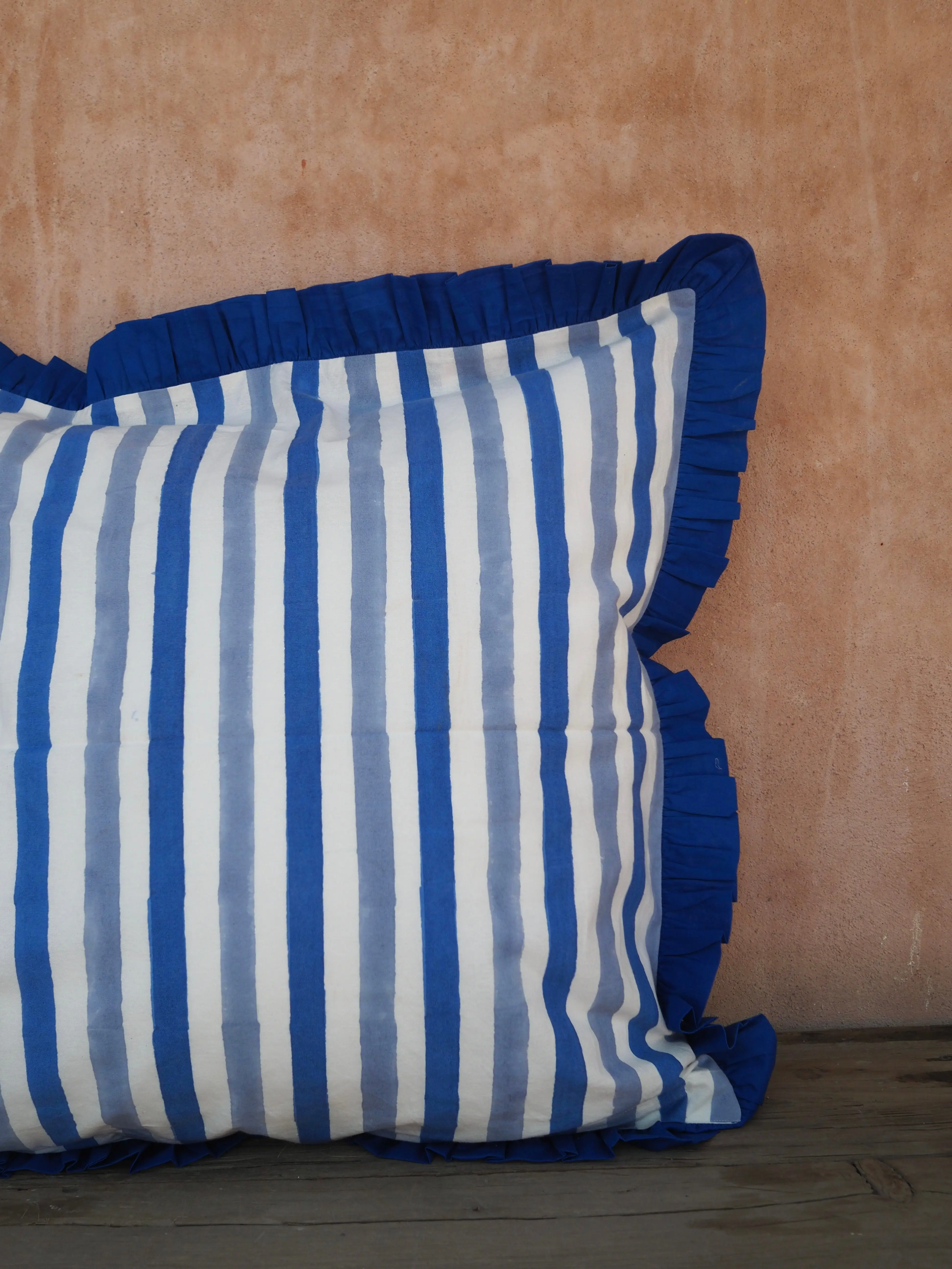 Large Blue Floral Stripe Reversible Cushion Cover - Image 4
