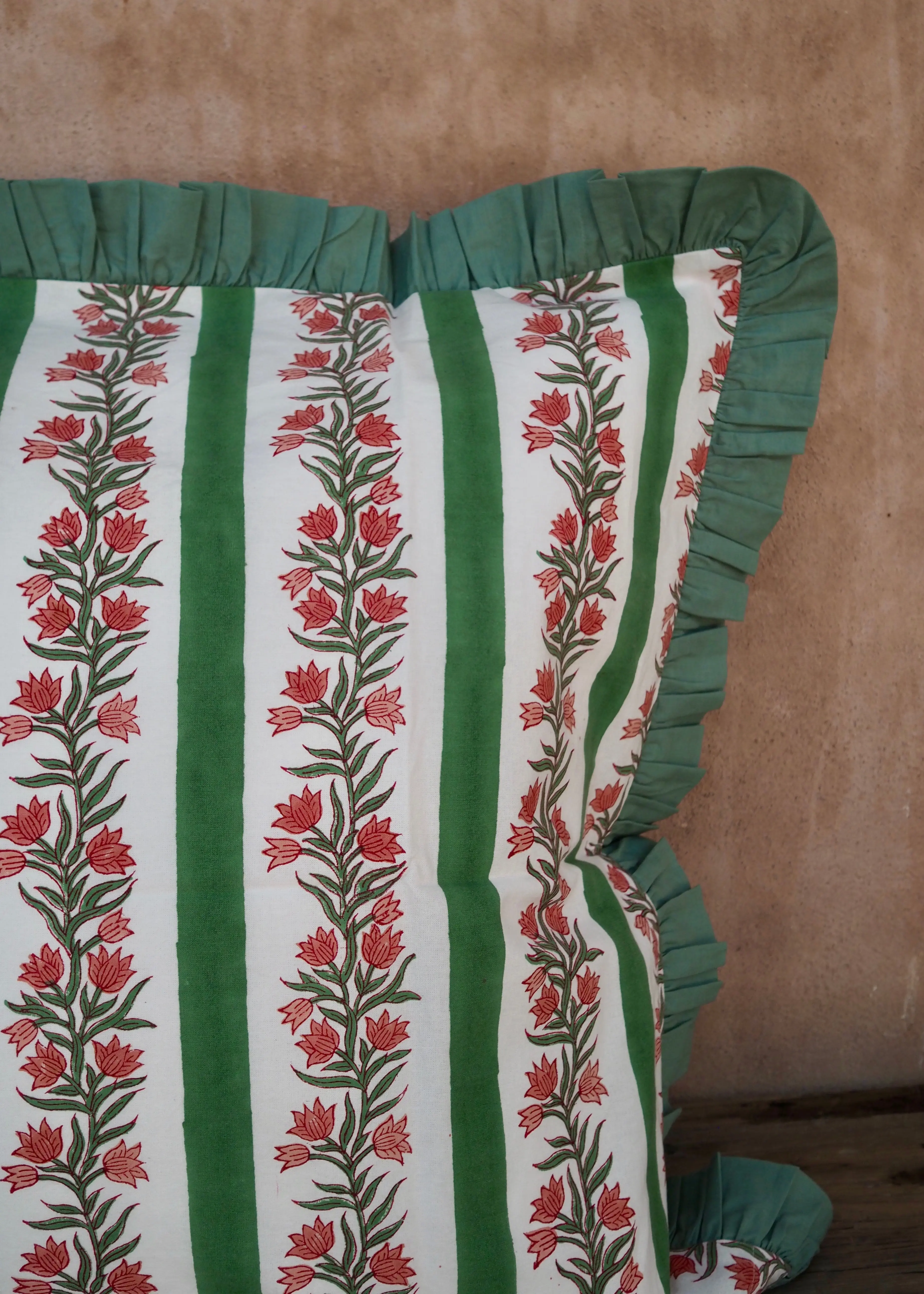 Large Green Floral and Stripe Reversible Cushion Cover - Image 5