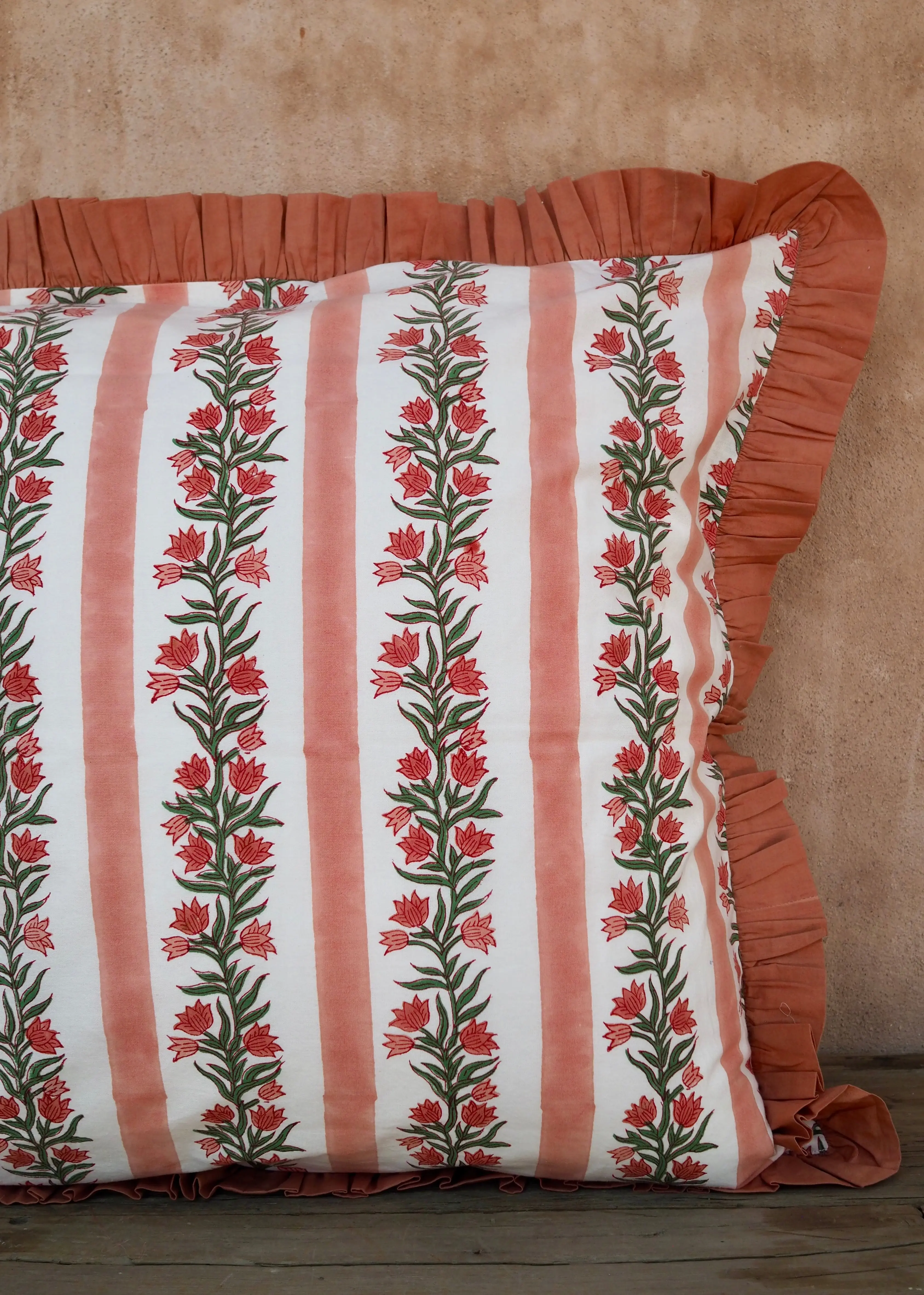 Large Terracotta Pink Floral and Stripe Reversible Cushion Cover - Image 3
