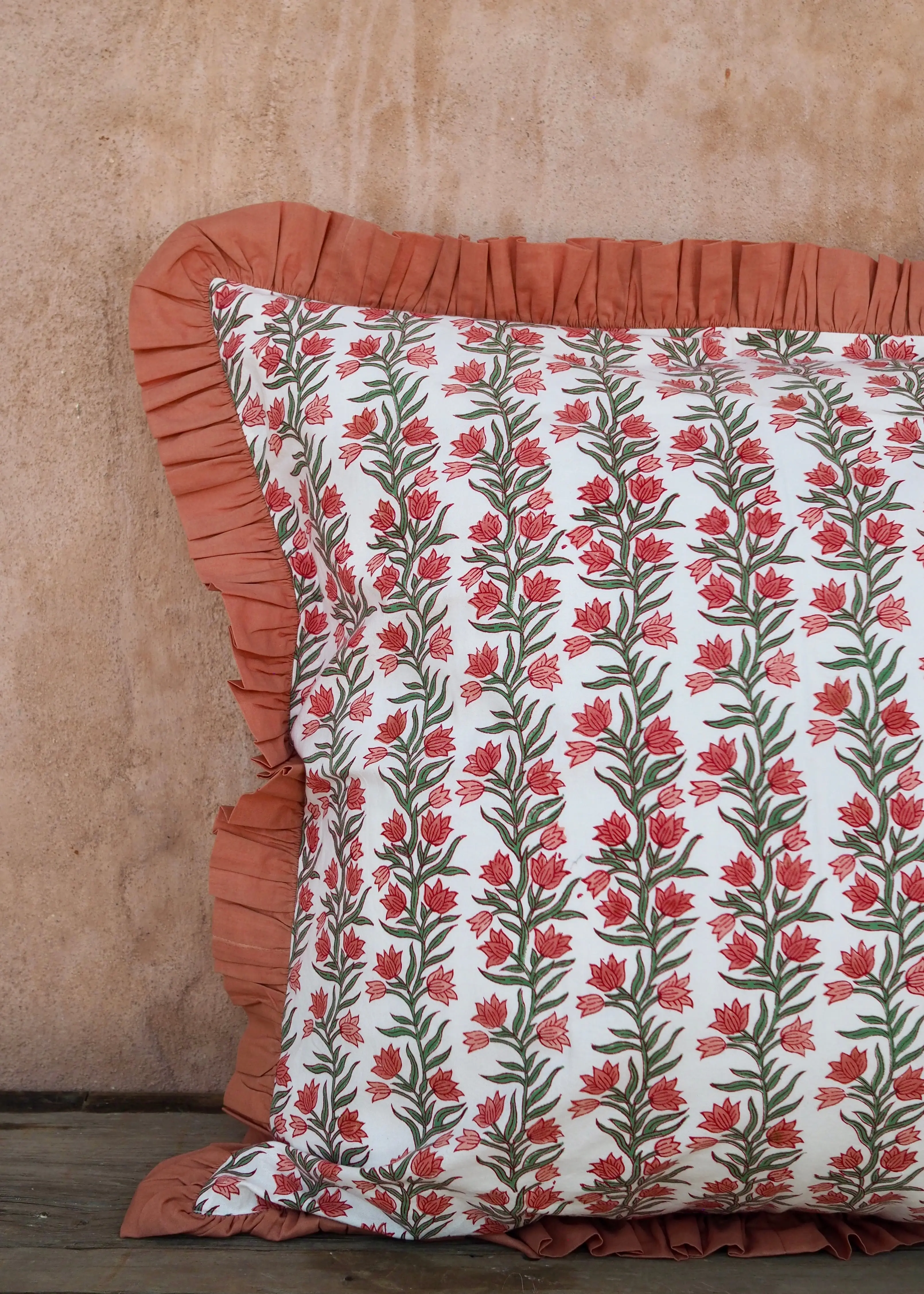 Large Terracotta Pink Floral and Stripe Reversible Cushion Cover - Image 4