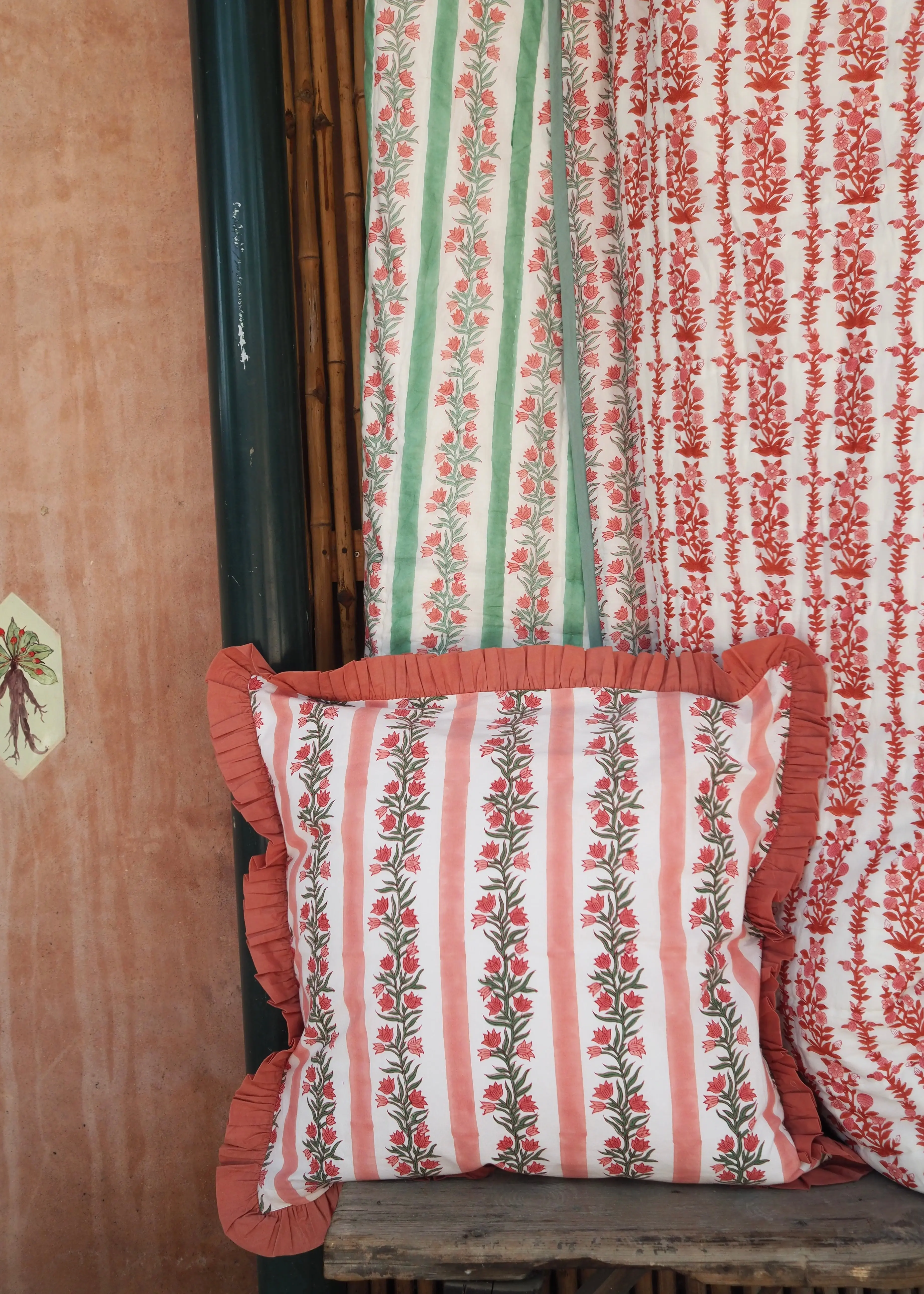 Large Terracotta Pink Floral and Stripe Reversible Cushion Cover - Image 5