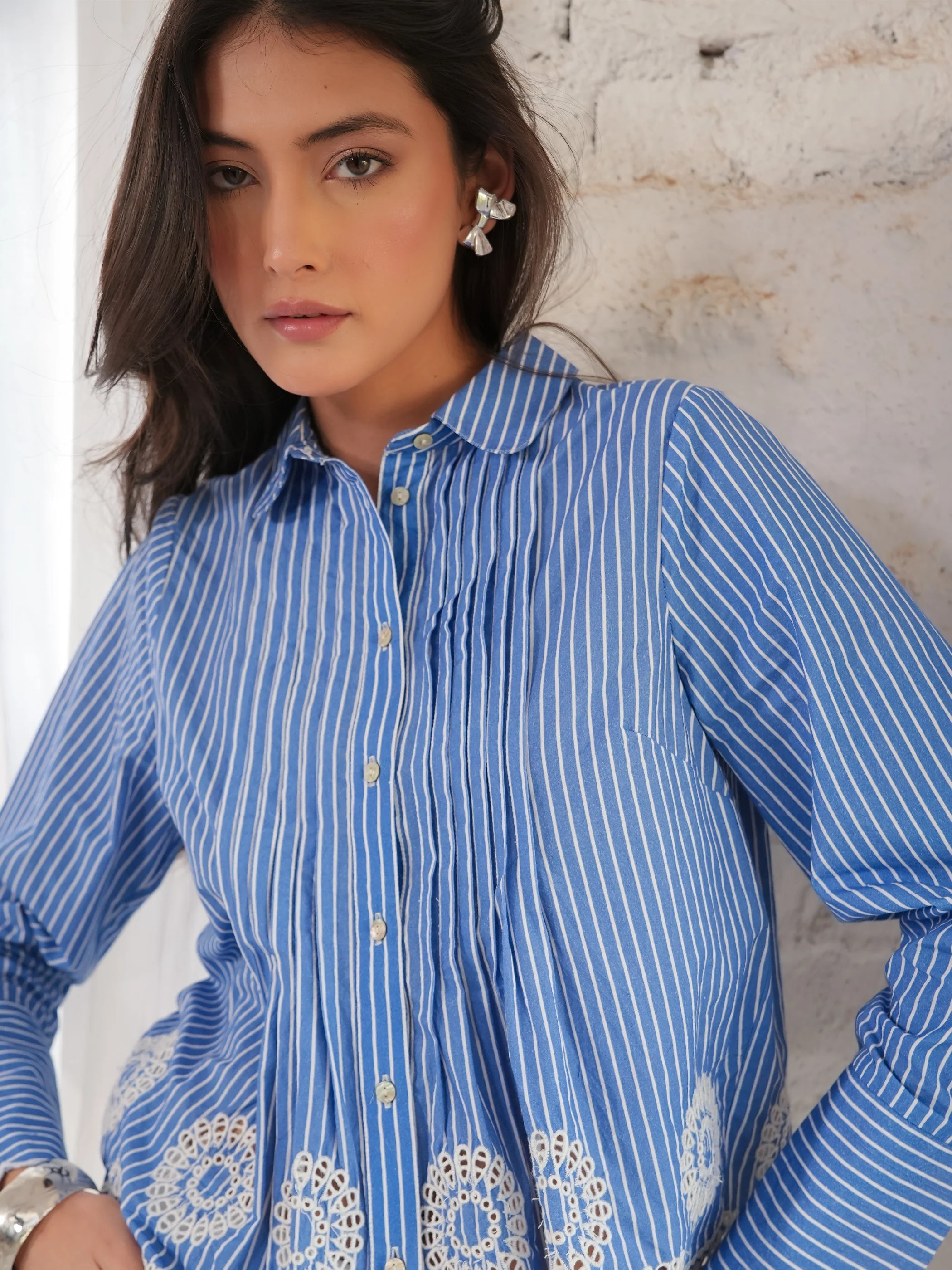 Leonie Embroidery Hem Blue Stripe Shirt - Image 4