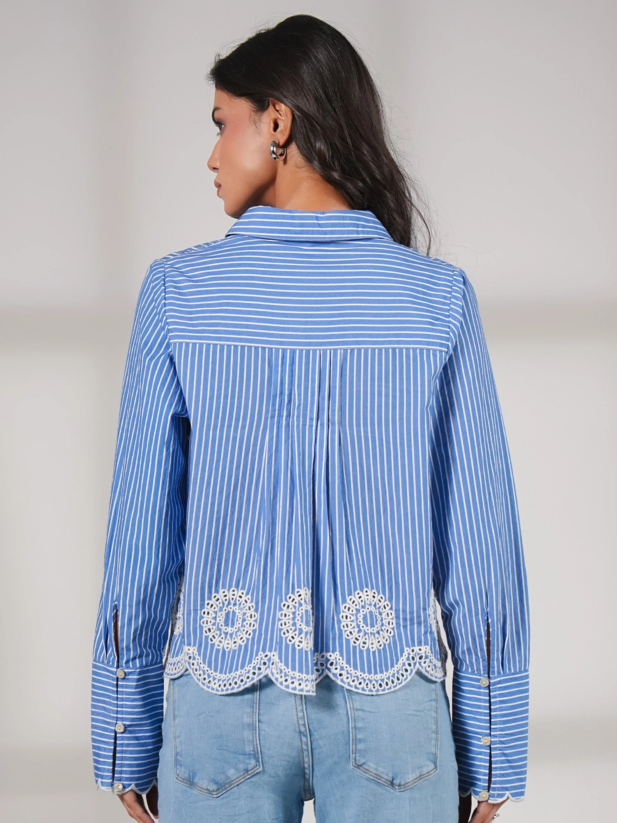 Leonie Embroidery Hem Blue Stripe Shirt - Image 6