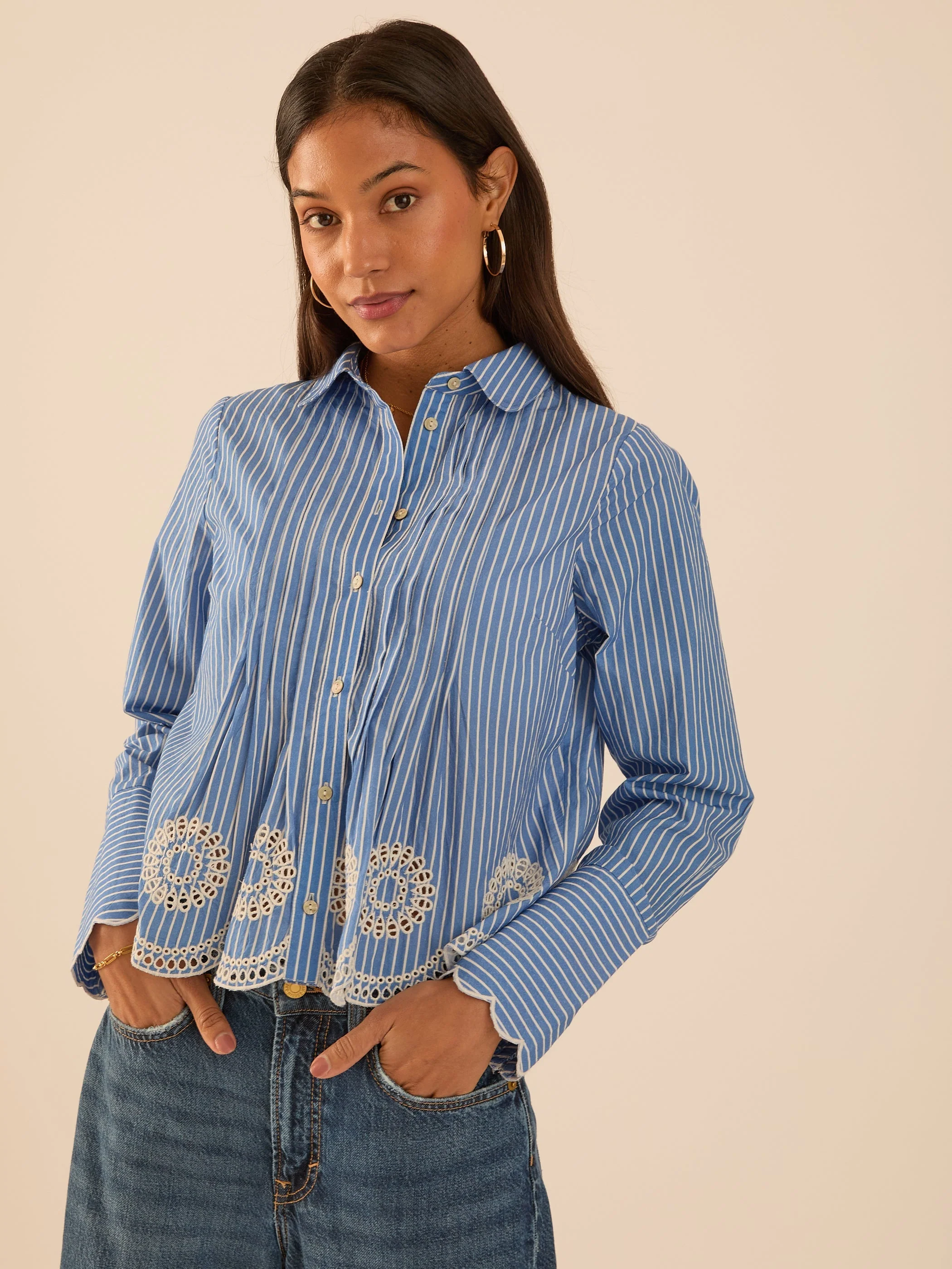 Leonie Embroidery Hem Blue Stripe Shirt - Image 8
