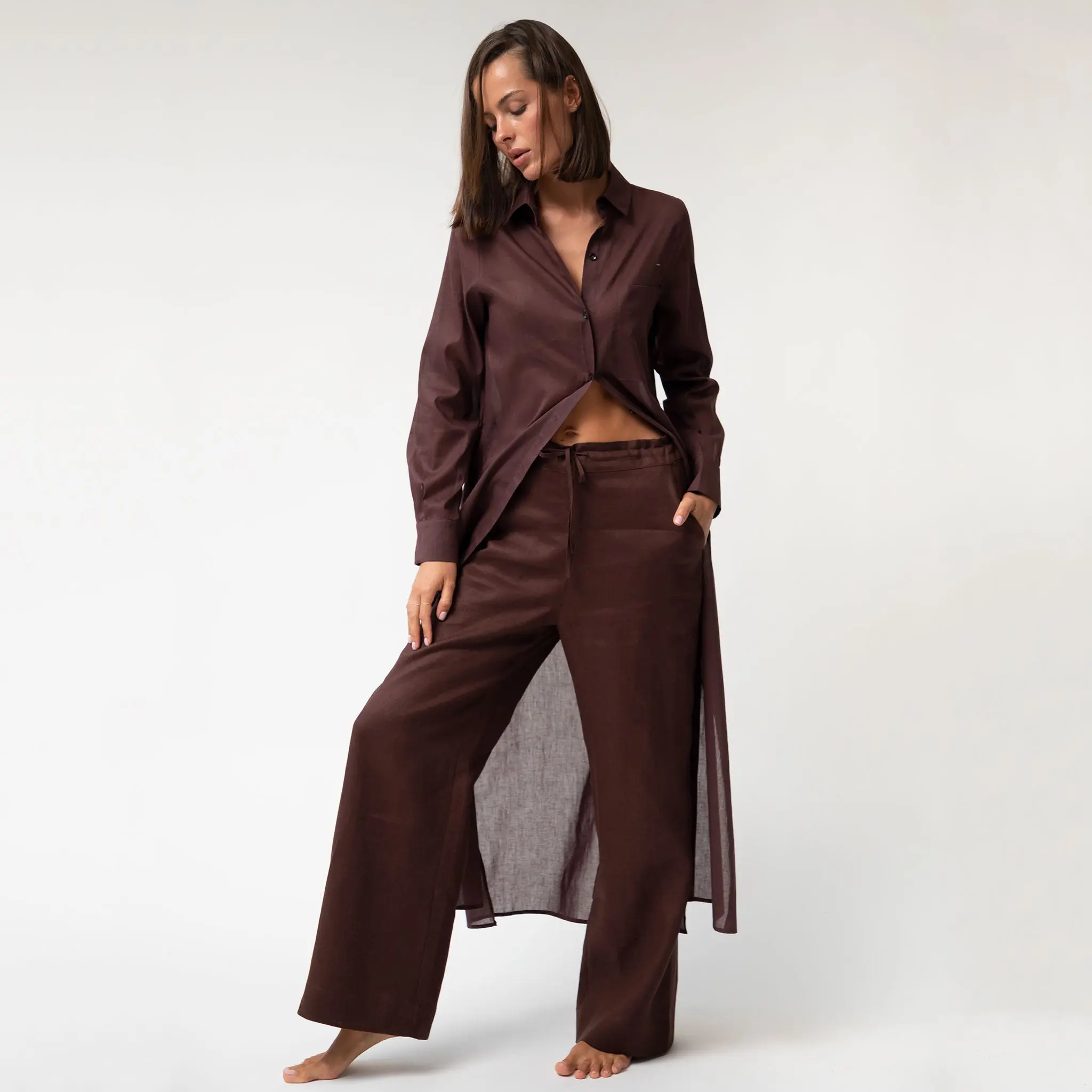 Linen Voile Button-Down Long Shirt Dress Restorative Brown - Image 10