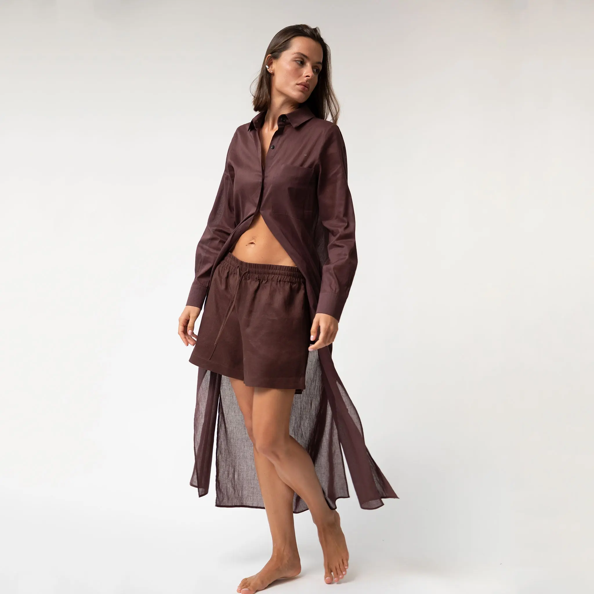 Linen Voile Button-Down Long Shirt Dress Restorative Brown - Image 2