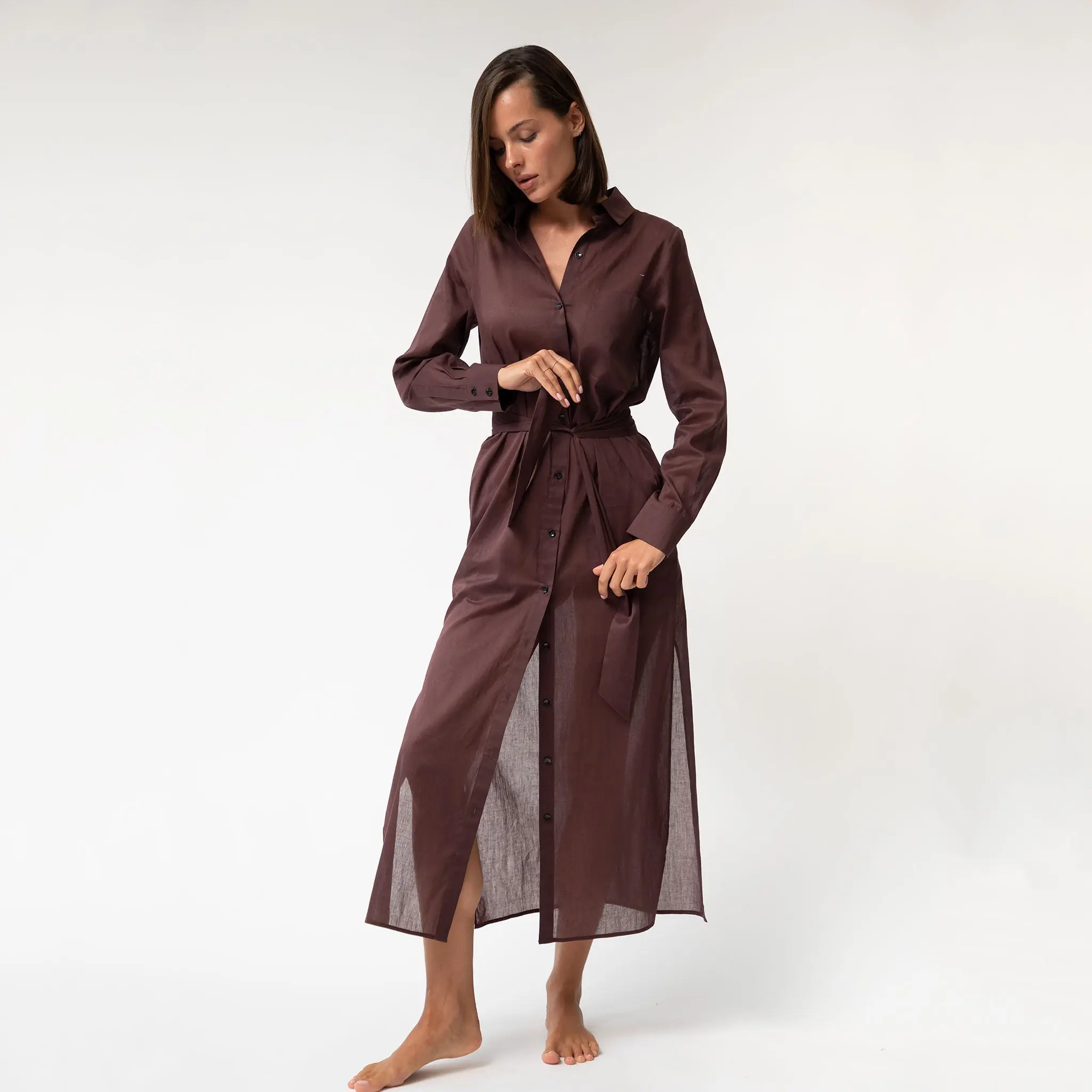 Linen Voile Button-Down Long Shirt Dress Restorative Brown - Image 4